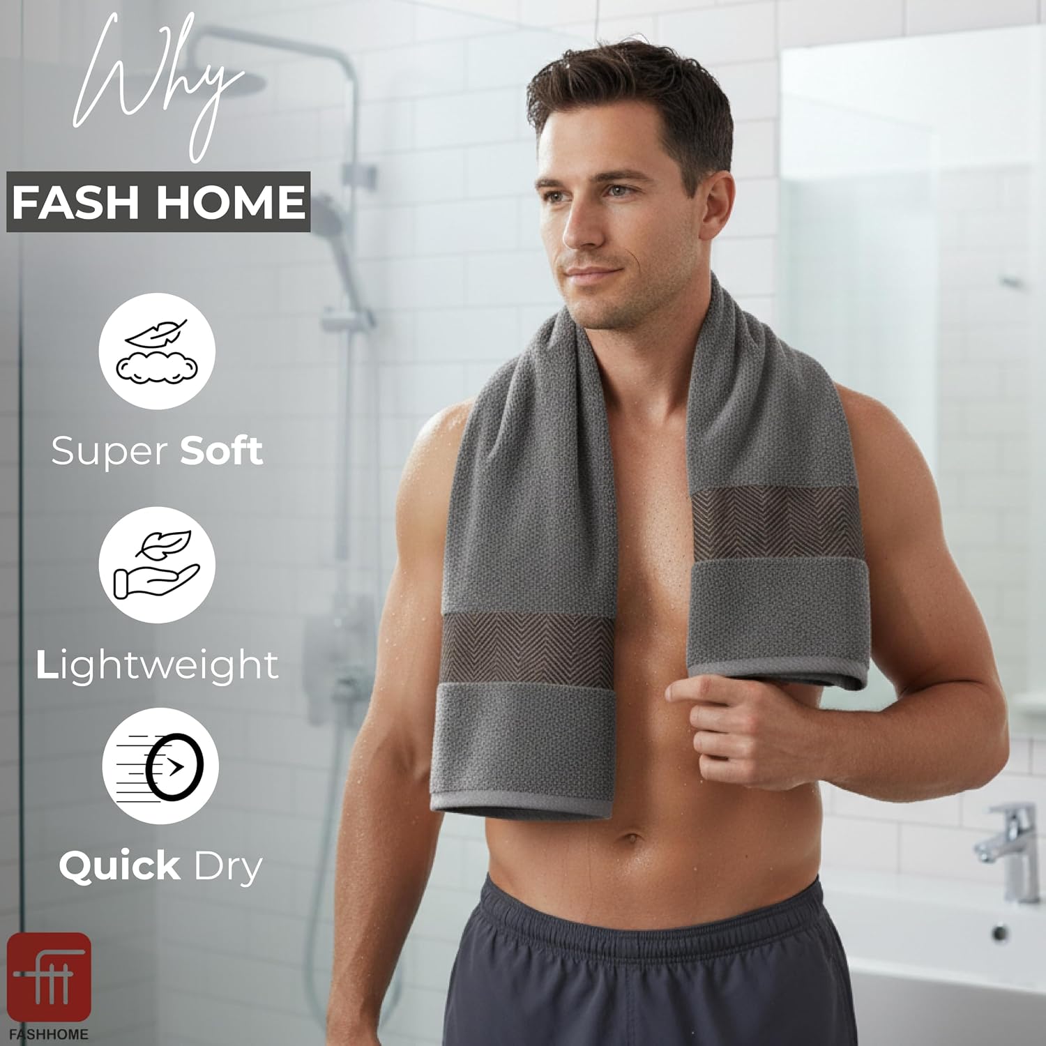Fash Home International 100% Cotton Bath Towel 2 Kg | Highly Absorbent Super Luxury Large Couple Bath Towel Set (Grey, Beige, Teal & Red) - Pack Of 4