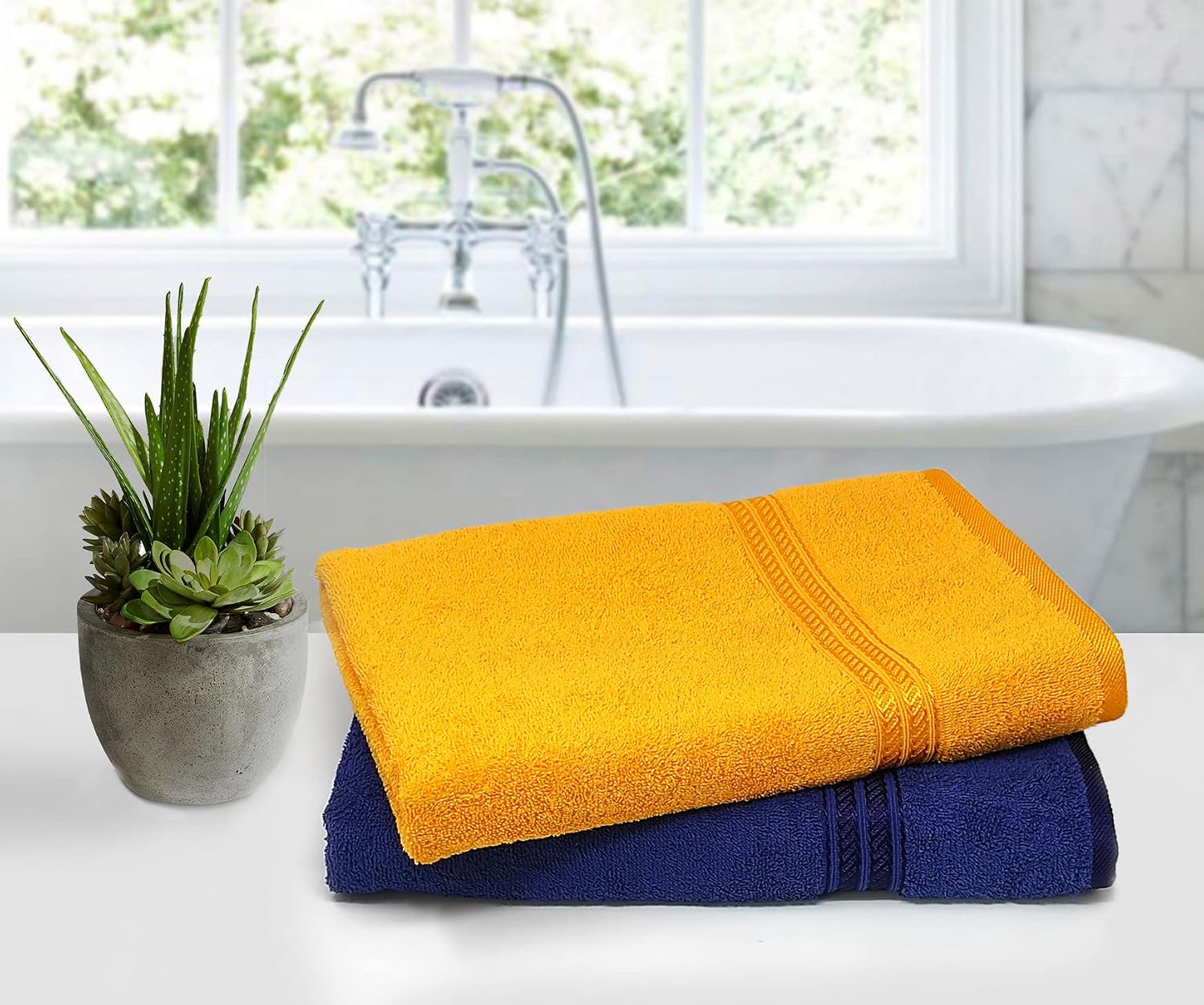 Lukzer 100% Cotton Bath Towels 1000 Gsm | Super Absorbent Soft Large Body Napkin Quick Dry Lightweight Towels (Yellow & Blue) - 2 Piece