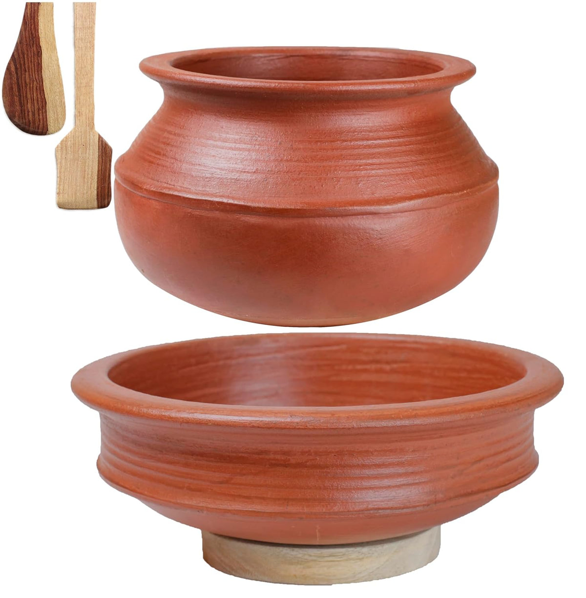 Deep Burned Uncoated Clay Handi + Pot Combo For Cooking & Serving With 2 Wooden Spatulas Complimentary Pack Of 2 - Red, 1+2 Liters | Pre-Seasoned Mud Pot - Unglazed, Double Fired, Hand Crafted