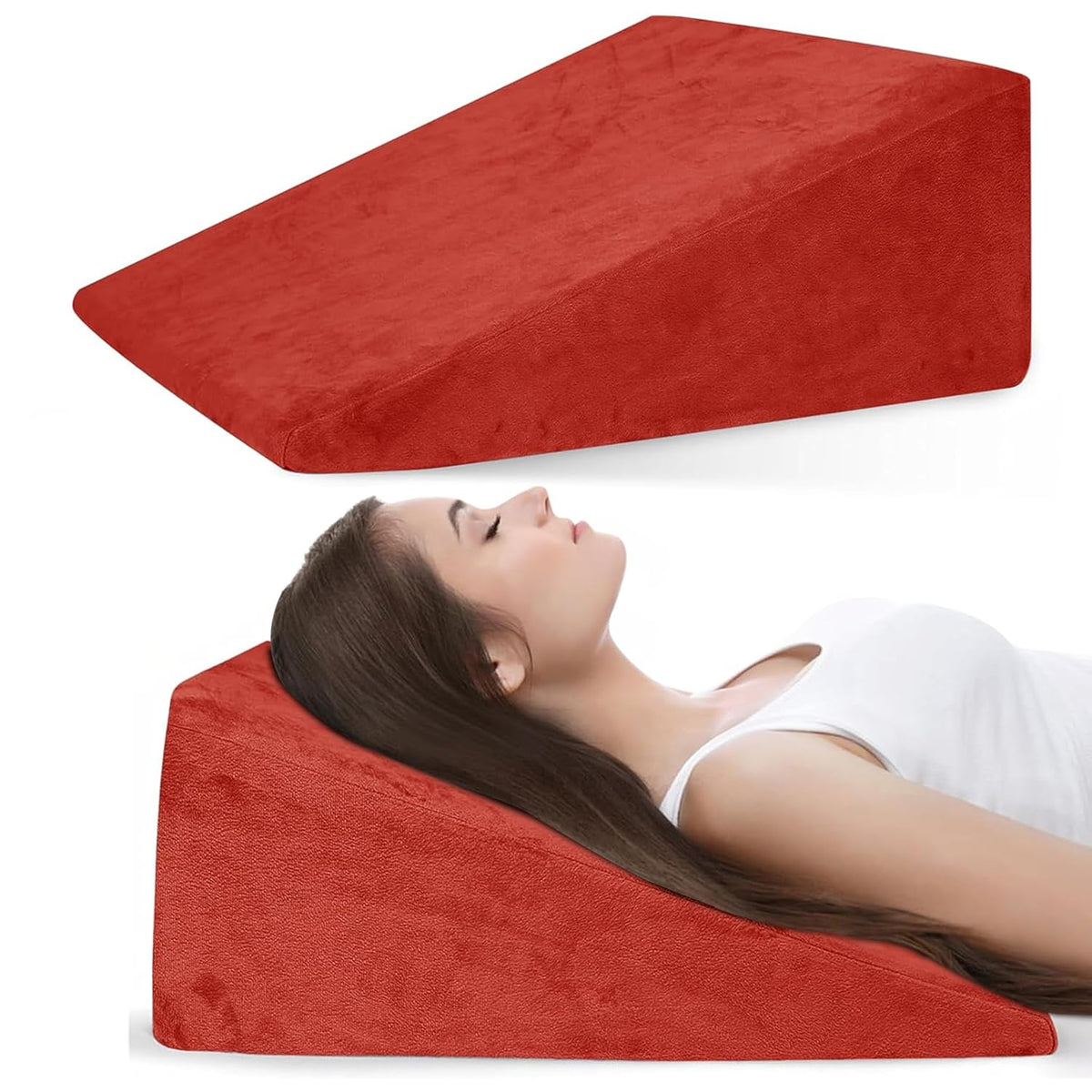 Wedge Pillow, Back Support Pillow For Neck Pain, Medium Firm, Red Color | Pillow For Headaches, Reflux, Shoulders, Back Pain & High Resilience, Velvet Fabric, Adjustable Pillow - Pack Of 1