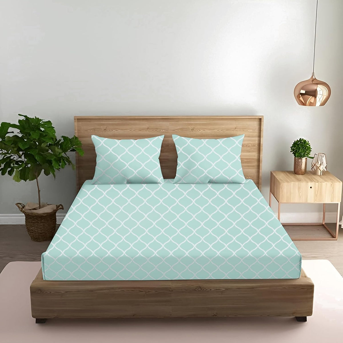 King Size Fitted Bedsheet With 2 Large Pillow Covers - 108 X 108 Inches, Sea Green & White | Soft, Breathable & Durable | Wrinkle Resistant