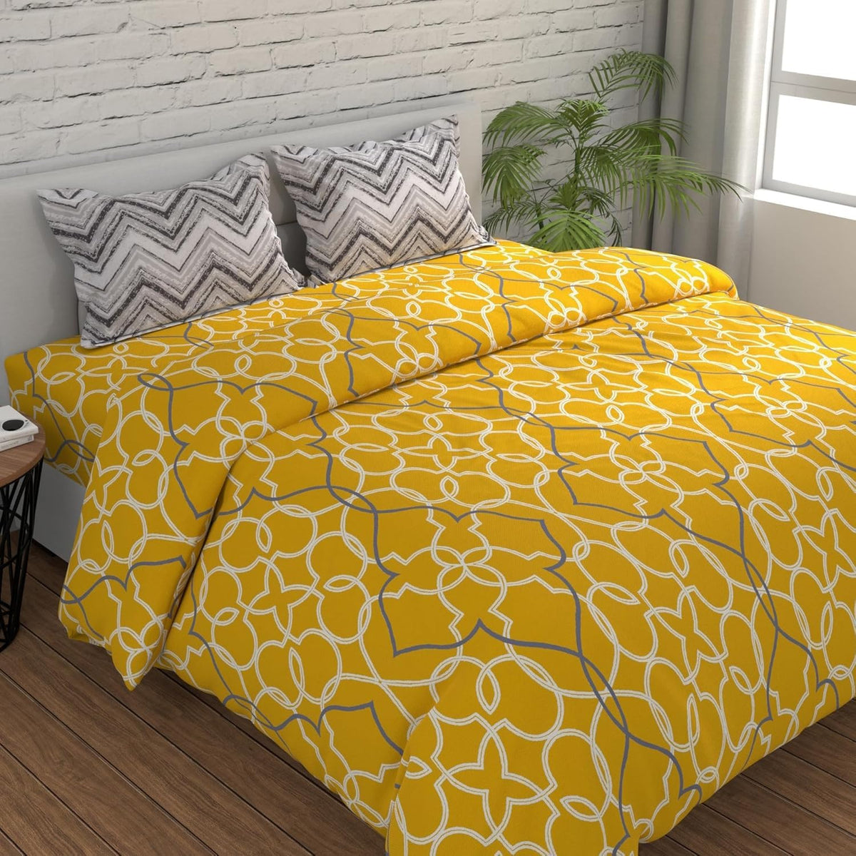 Bedsheet For Double Bed With 2 Pillow Covers - 88 X 96 Inches, Yellow & Grey | Ideal For Guest Houses, & Daily Home Use Queen Size Bedsheet