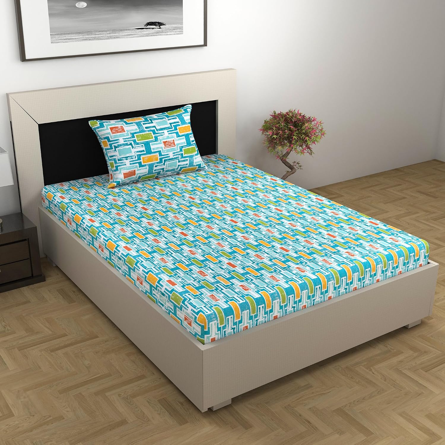 Single Bedsheet With 1 Pillow Cover - 57 X 87 Inches, Multicolor | Designer Printed Bedsheet Set - Naturally Soft, Breathable & Skin Friendly