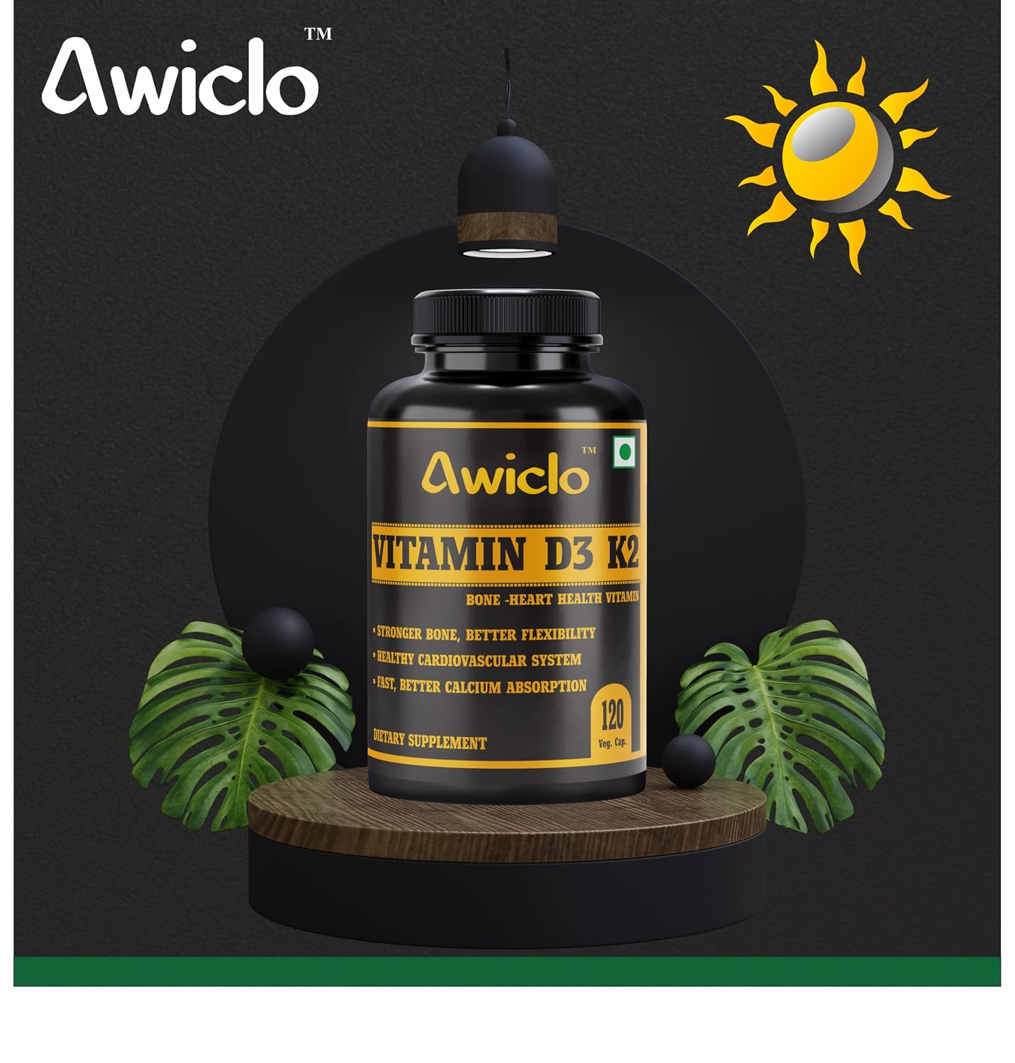 Awiclo Plant Based Organic Vitamin D3 Vitamin D3 + K2 Capsules, Vitamin K2-7 To Support Bone & Heart Health | For Men & Women | 120 Capsules , 200gm 0.4lbs