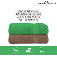 House Of Terry 100% Cotton Bath Towel 1000 Gsm | Quick Dry, Soft & Absorbent, Fade-Resistant, Skin-Friendly Large Size Towel (Spring Green & Brown) - Pack Of 2