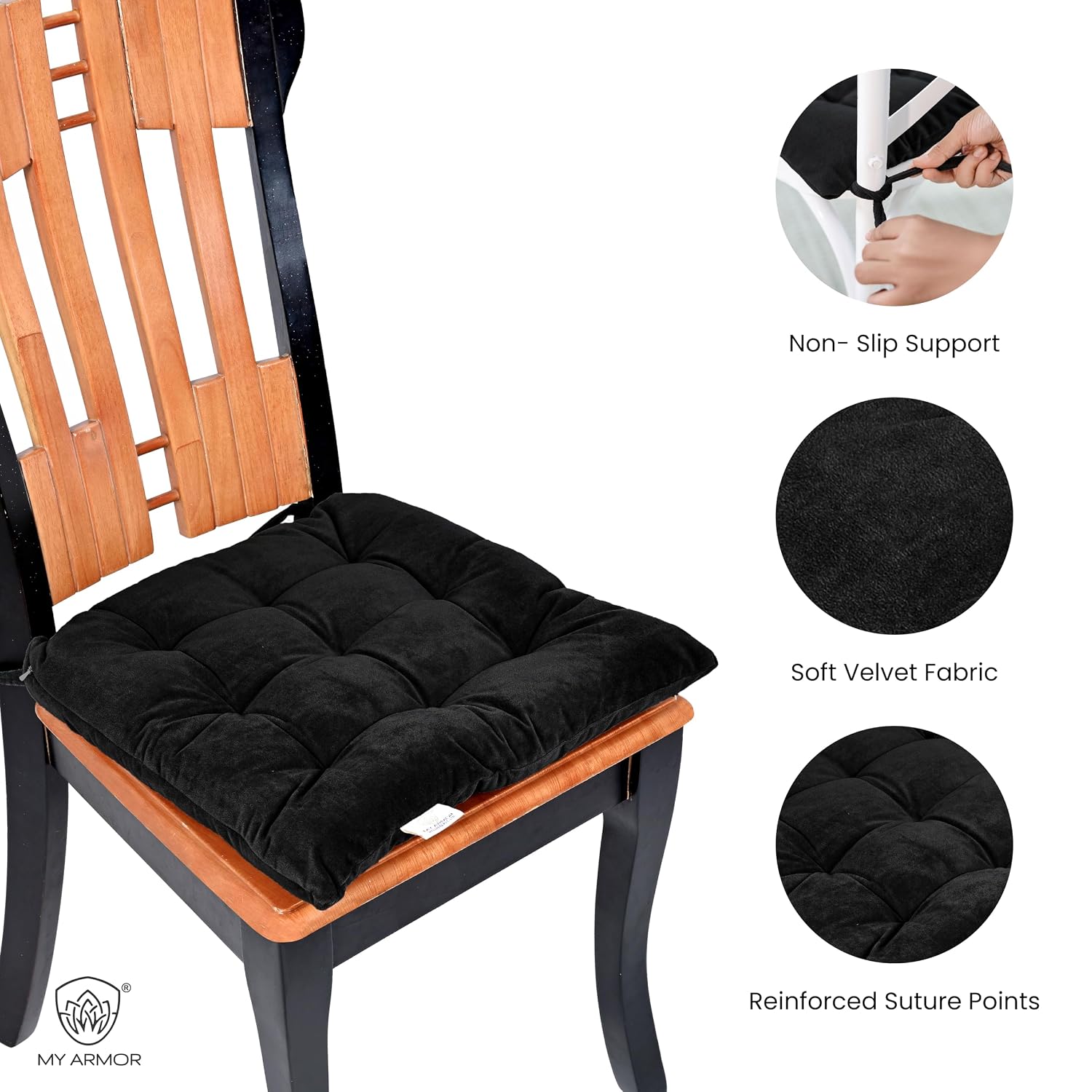Square Chair Pads Cushion, For Comfortable Sitting, Black Color - 40 X 40 Cm | Seat Cushions With Ties For Sitting, Pooja, Dining & Office Table | Furniture Cushion, Washable - Pack Of 2