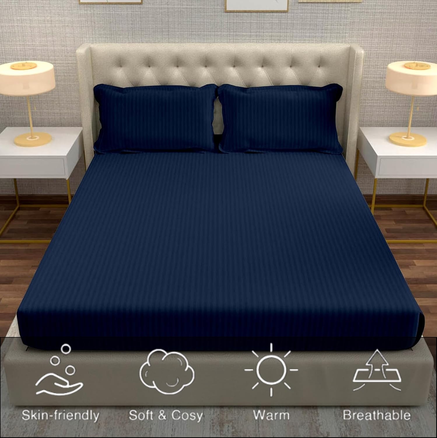 Striped Navy Blue Bedsheet For King Size With 2 Pillow Cover (90 X 95 Inches) | Softer & Durable For All Season | Ideal For Daily Use Home Bedsheet