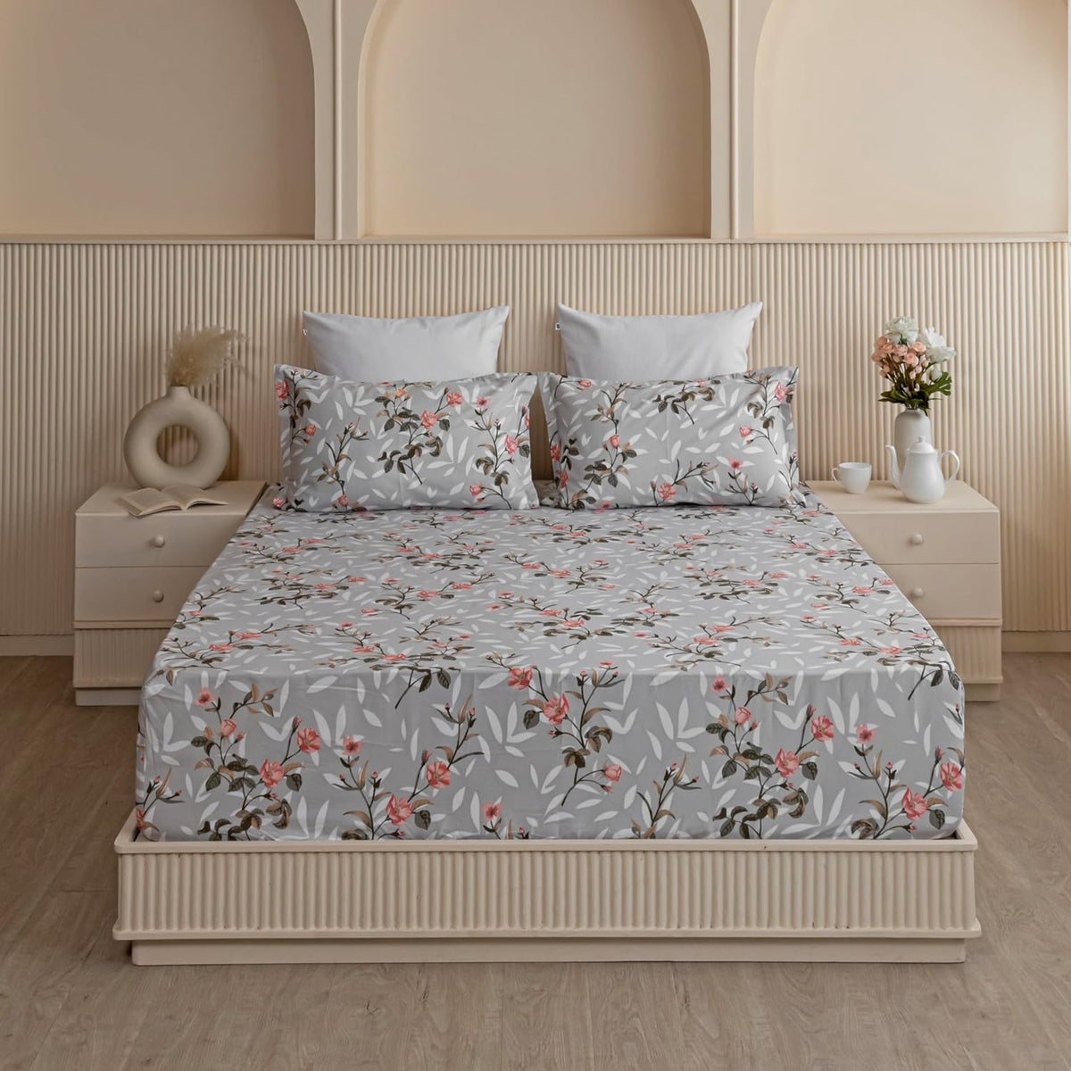 Perfect King Size Bedsheet With Two Matching Pillow Cover - 84 X 78 Inches, Grey & Peach | All Around Elastic Fitted Bedsheet | Wrinkle Free
