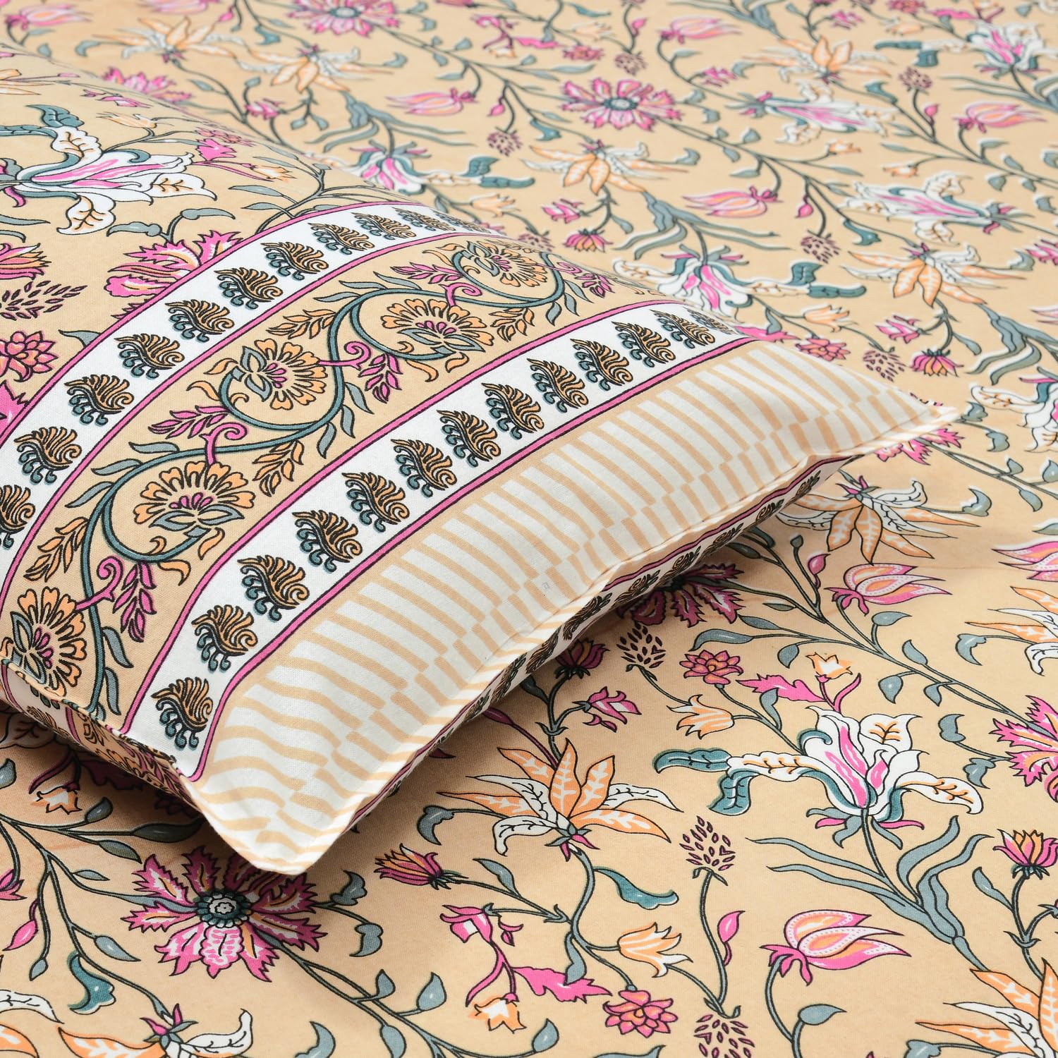 100% Cotton King Size Bedsheet With 2 Matching Pillow Covers - 90 X 108 Inches, Cream | Designer Printed Bedsheet Set - Naturally Soft, Breathable, & Skin Friendly