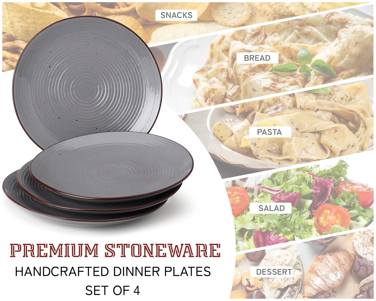 Ceramic Handcrafted Serving Dinner Plates Set Of 4 - 10 Inch, Grey | Scratch Resistant, Microwave Safe & Dishwasher Safe - Handcrafted Dinner Plates