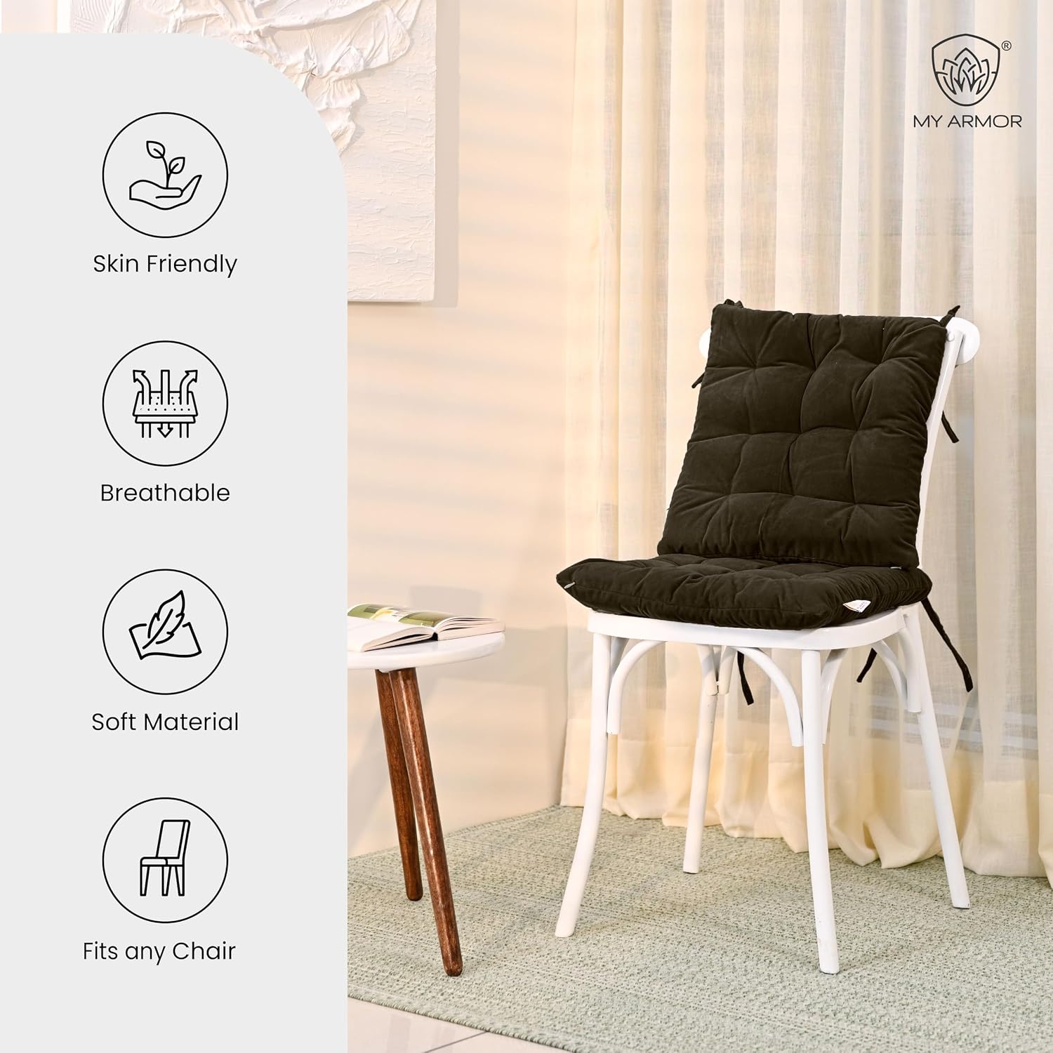 Square Chair Pads Cushion, For Comfortable Sitting, Brown Color - 40 X 40 Cm | Seat Cushions With Ties For Sitting, Pooja, Dining & Office Table | Furniture Cushion, Washable - Pack Of 1