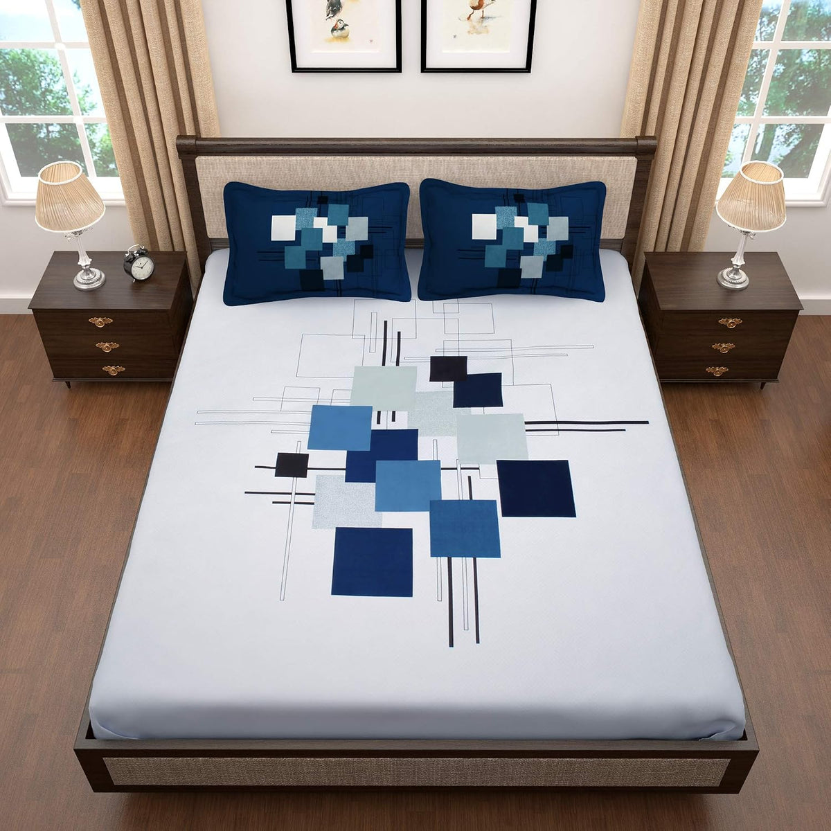 Bedsheet For King Size Bed With 2 Pillow Covers - 106 X 106 Inches, White & Blue | Soft & Durable For Everyday Use - All Season Comfort