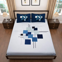 Bedsheet For King Size Bed With 2 Pillow Covers - 106 X 106 Inches, White & Blue | Soft & Durable For Everyday Use - All Season Comfort