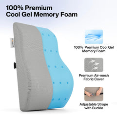 Gel Memory Foam Pillow Car Seat Back Support, For Back Pain Relief, Mesh Grey, Large Size | Orthopedic Lumbar Back Rest For Pain Relief - Back Pillow For Sitting | Adjustable Pillow