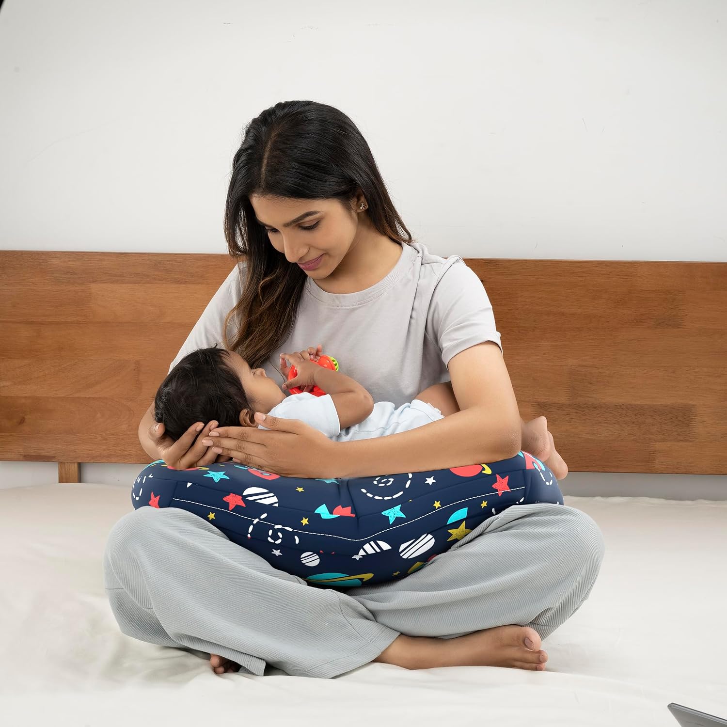 Nursing Pillow With Cape For Breastfeeding & Baby Care, Feeding Pillow - Black | 100% Cotton Removable Cover | Super Soft & Machine Washable, Spaceship Printed, Comfortable Pillow