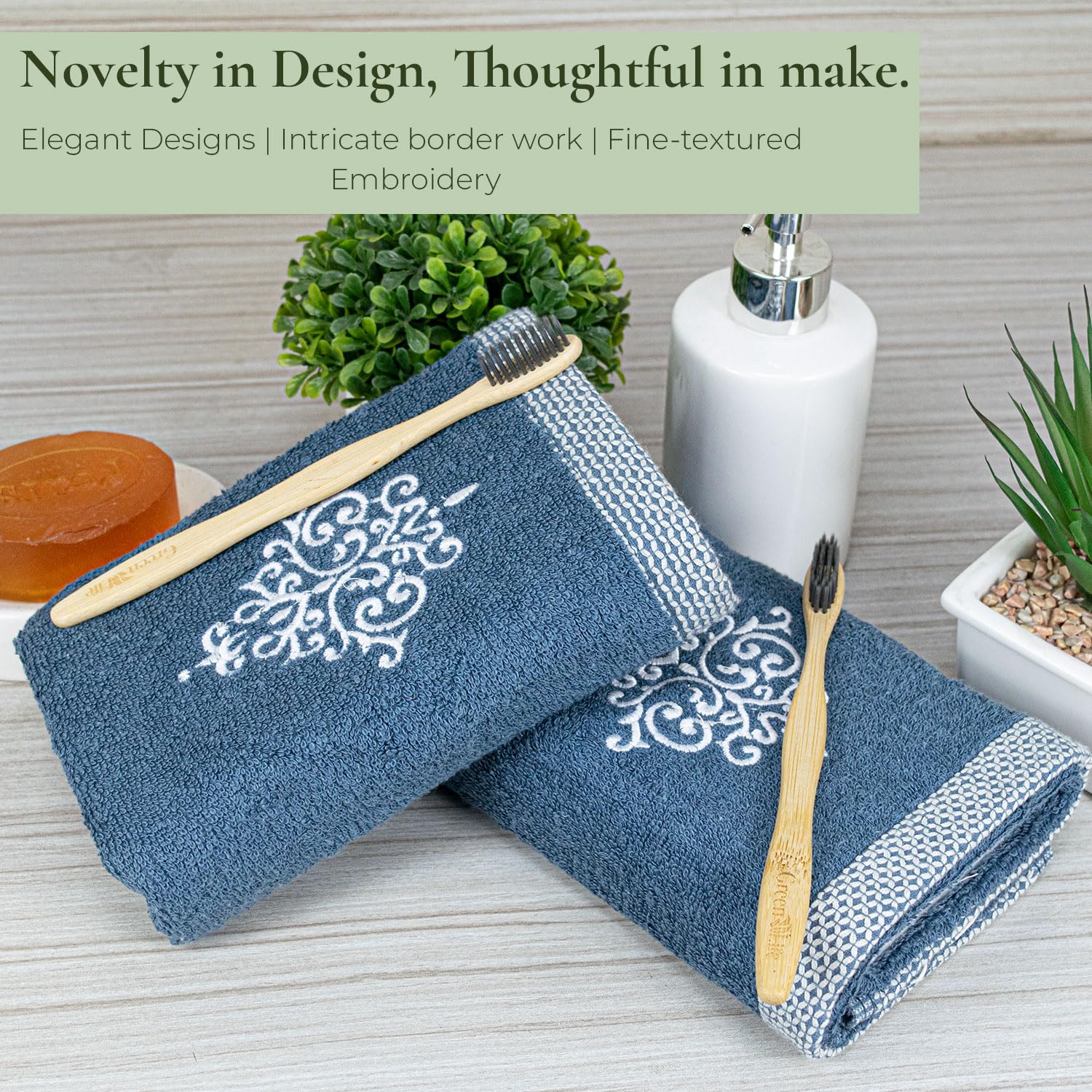 Rangoli 100% Bamboo Hand Towels 500 Gsm | Ultra Soft, Quick-Absorbent & Eco-Friendly Towels For Hand & Bathroom - Blue (Set Of 2)