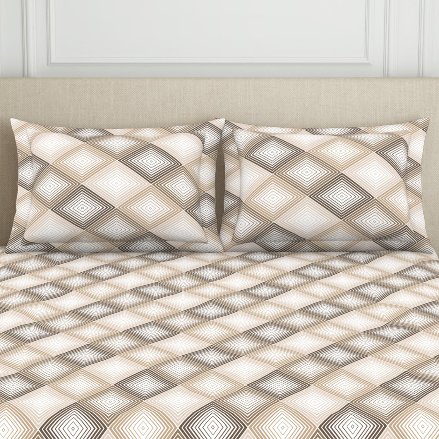 King Size Double Bedsheet 2 Matching Pillow Cover - 108 X 108 Inches, Beige & Brown | Durable & Long Lasting Wrinkle Resistant Fabric - All Season Comfort