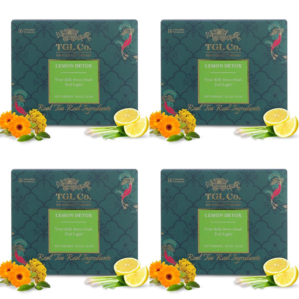 TGL Co. Lemon Detox Green Tea - Pack Of 4 X 16 Pyramid Tea Bags | Anti Inflammatory Properties, Keeps Hydrated - Medium Caffeine, Rich In Taste