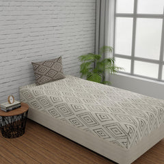 144 TC Single Bedsheet Elastic Fitted Pure Cotton With 1 Pillow Cover - 36 X 78 Inches, White & Taupe | Breathable & Wrinkle Free Bedsheet