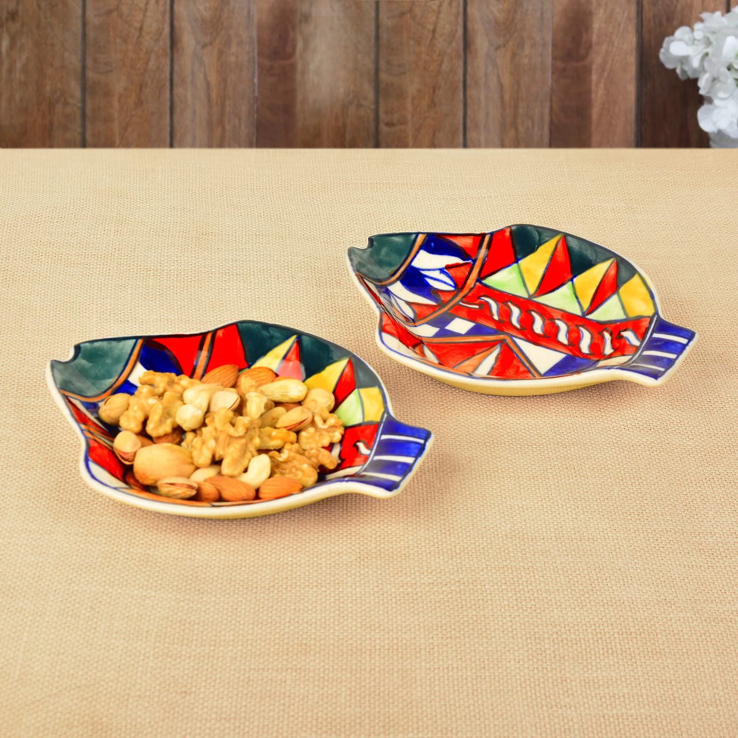 Premium Hand Painted Ceramic Fish Cut Snacks Serving Plates Set Of 2 - Multicolor, L X B – 18 Cm X 15 Cm | Starter Serving Platter Set - Dry Fruits Serving Plates