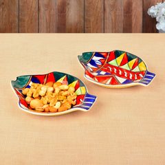 Premium Hand Painted Ceramic Fish Cut Snacks Serving Plates Set Of 2 - Multicolor, L X B – 18 Cm X 15 Cm | Starter Serving Platter Set - Dry Fruits Serving Plates