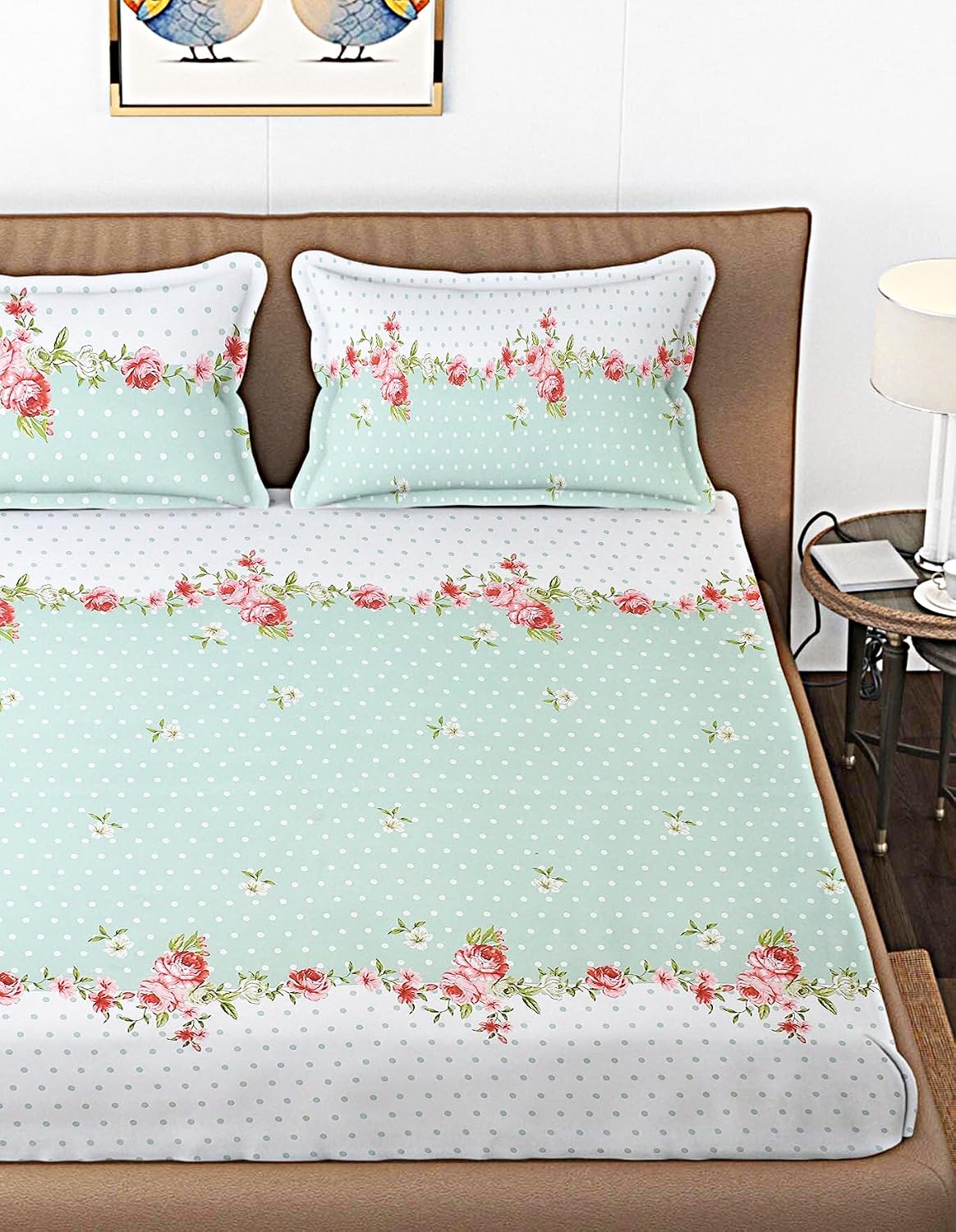 Cotton Bedsheet For King Size With 2 Pillow Cover (90 X 90 Inches) White & Green | Long-Lasting & Luxuriously Soft | 210 Thread Count Bedsheet