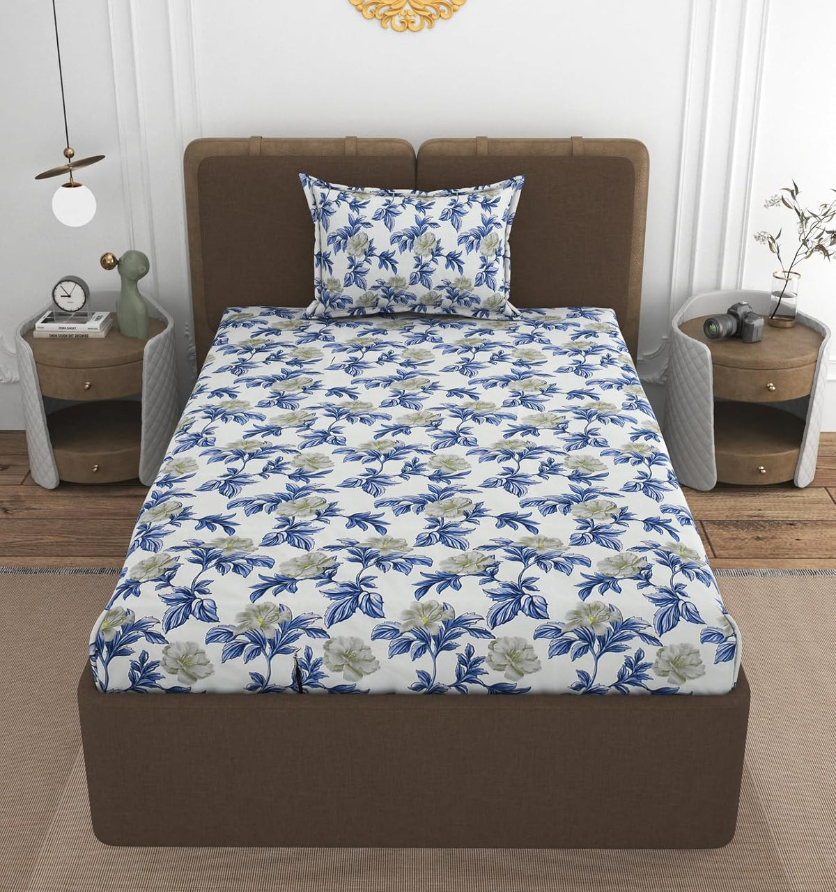 1 Single Bedsheet With 1 Pillow Cover - All Around Elastic Fitted | 100% Premium Fabric Is Lightweight, Soft & Comfortable | Size 36 X 72 X 8 Inches, White & Blue