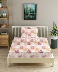 Printed Single Size Bedsheet Elasticated Fitted With 1 Pillow Cover - 36 X 78 Inch, Ferns Coral | 180 Thread Count - Lightweight & Breathable Bedsheet