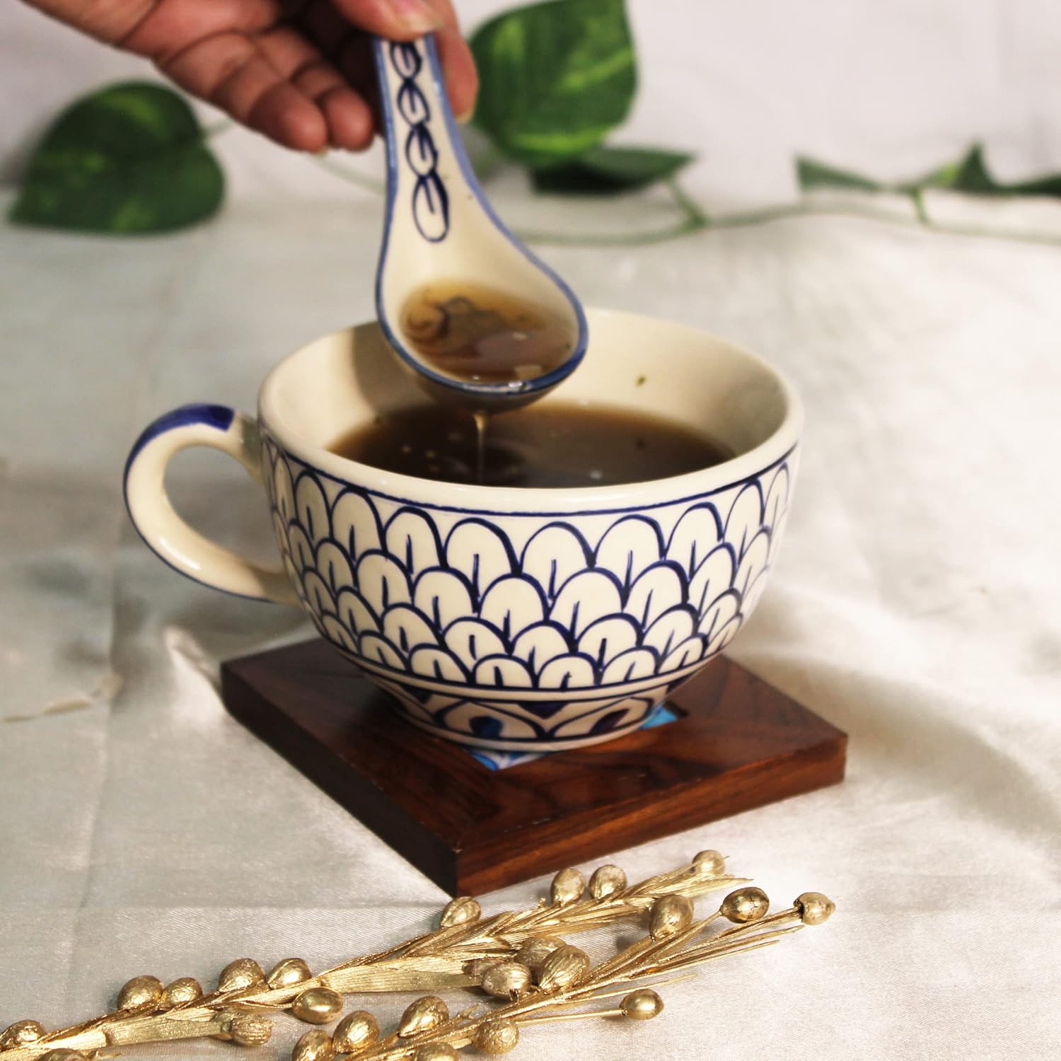 Mermaid Tales Hand Painted Handled Ceramic Soup Bowls With Spoons Set Of 2 - 300ml Each | Serving Bowls With Matching Spoons | Ceramic Soup Cups - 2 Pieces, Microwave Safe & Dishwasher Safe