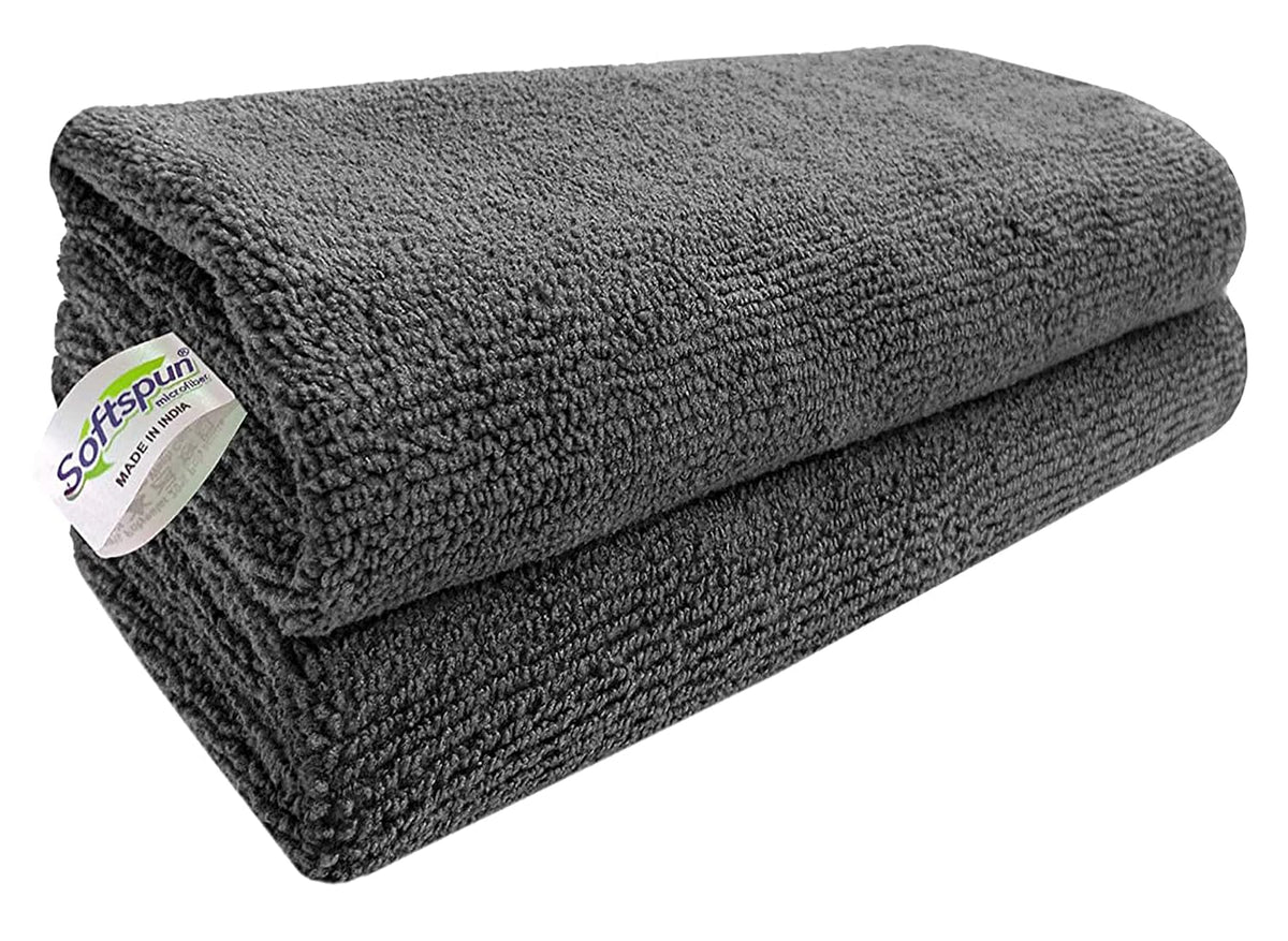 Softspun Microfiber Cleaning Cloths Towel Set 300 Gsm | Highly Absorbent Lint And Streak Free Multi-Purpose Wash Cloth For Kitchen, Car, Stainless (2 Pcs)- Grey