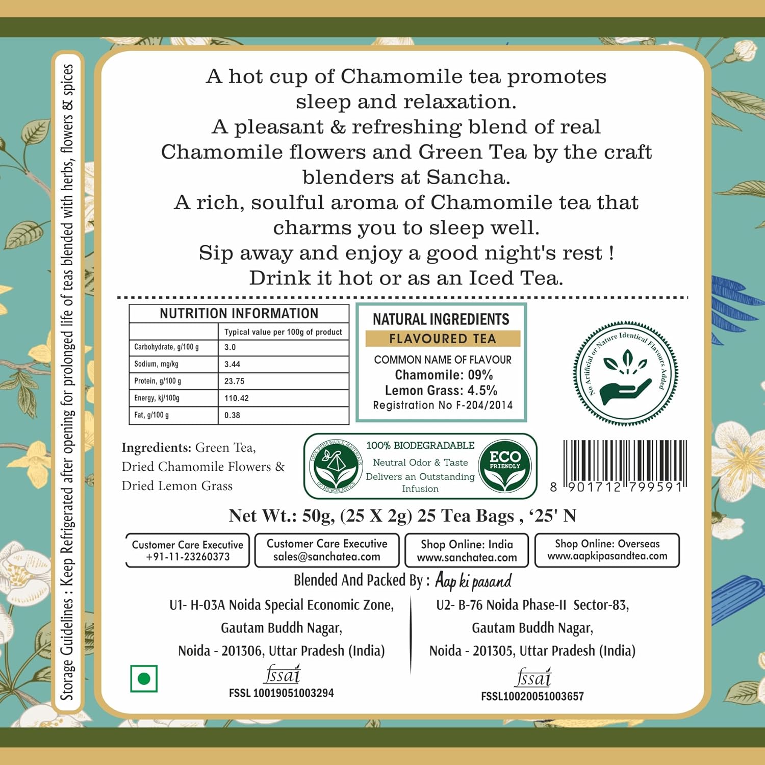 San-Cha Chamomile Green Tea - 25 Biodegradable Tea Bags | Calming & Relaxing Detox Tea - Environment Friendly & Made In Corn Fiber | Low Caffeine