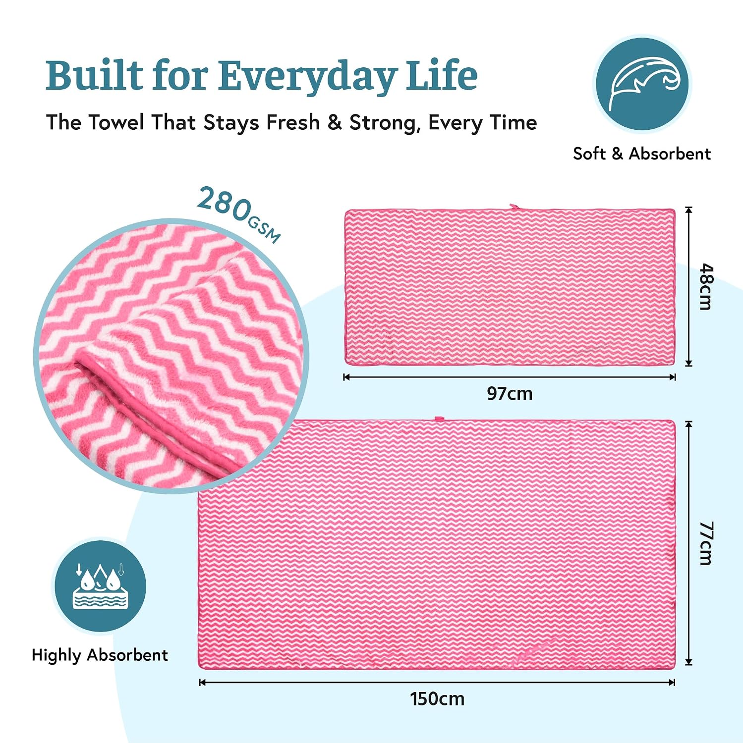 Kuber Industries Cotton Bath & Hand Towels 900 Gsm | Quick Absorbent Easily Washable For Men & Women Workout Gym Napkins For Men - Zig Zag - Pink (Pack Of 2)