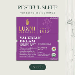 Luxmi Estates Valerian Dream Herbal Tea - 50gm, 1.7 Ounce, 25 Cups | USDA Certified Organic Valerian Root + Chamomile Herbal Tea - Gluten Free, Caffeine Free Tea Bags