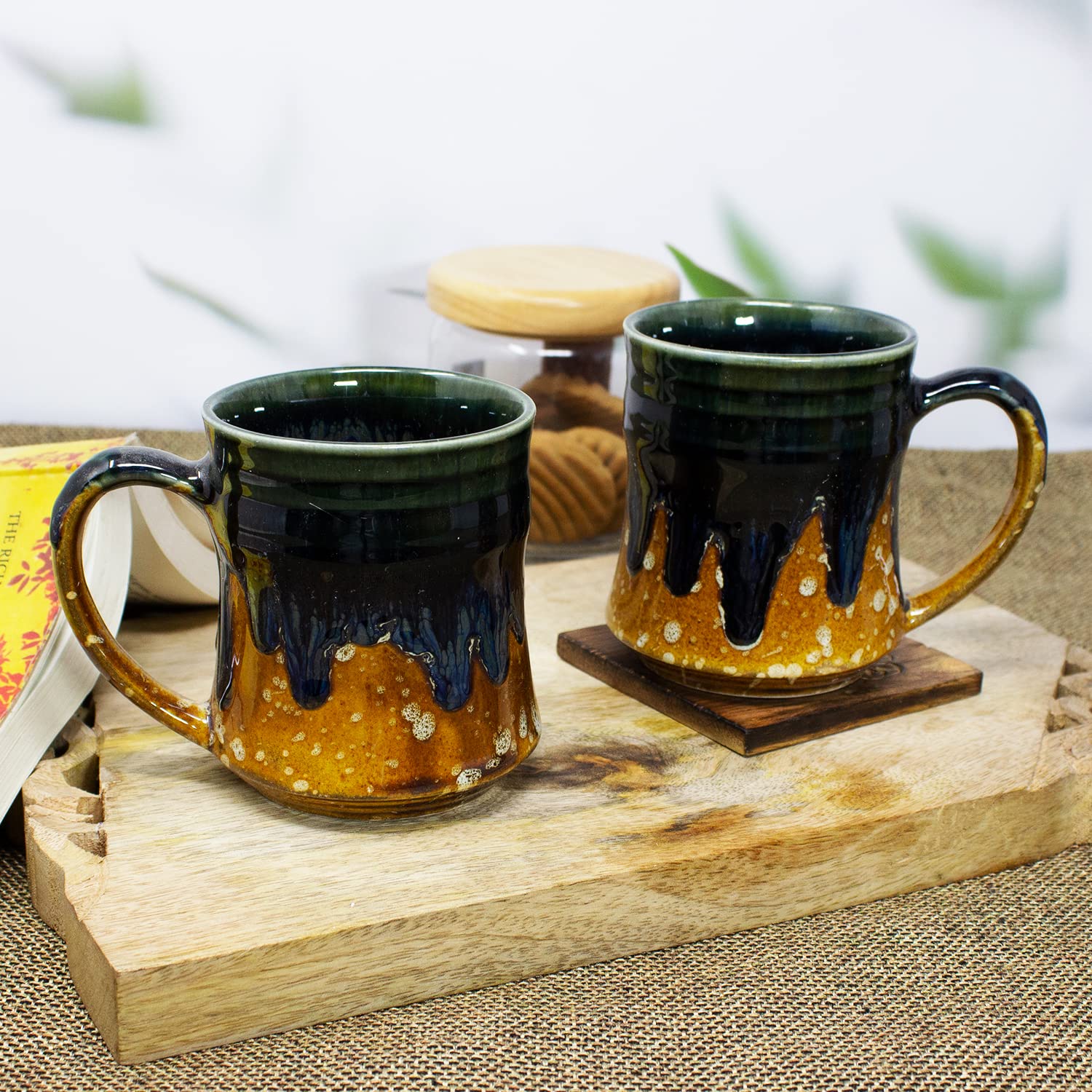 Handcrafted Earthy Brown Carved Ceramic Coffee Mug Set Of 2 - 300ml Each | Ceramic Mugs For Coffee, Tea, Milk - Microwave Safe & Dishwasher Safe