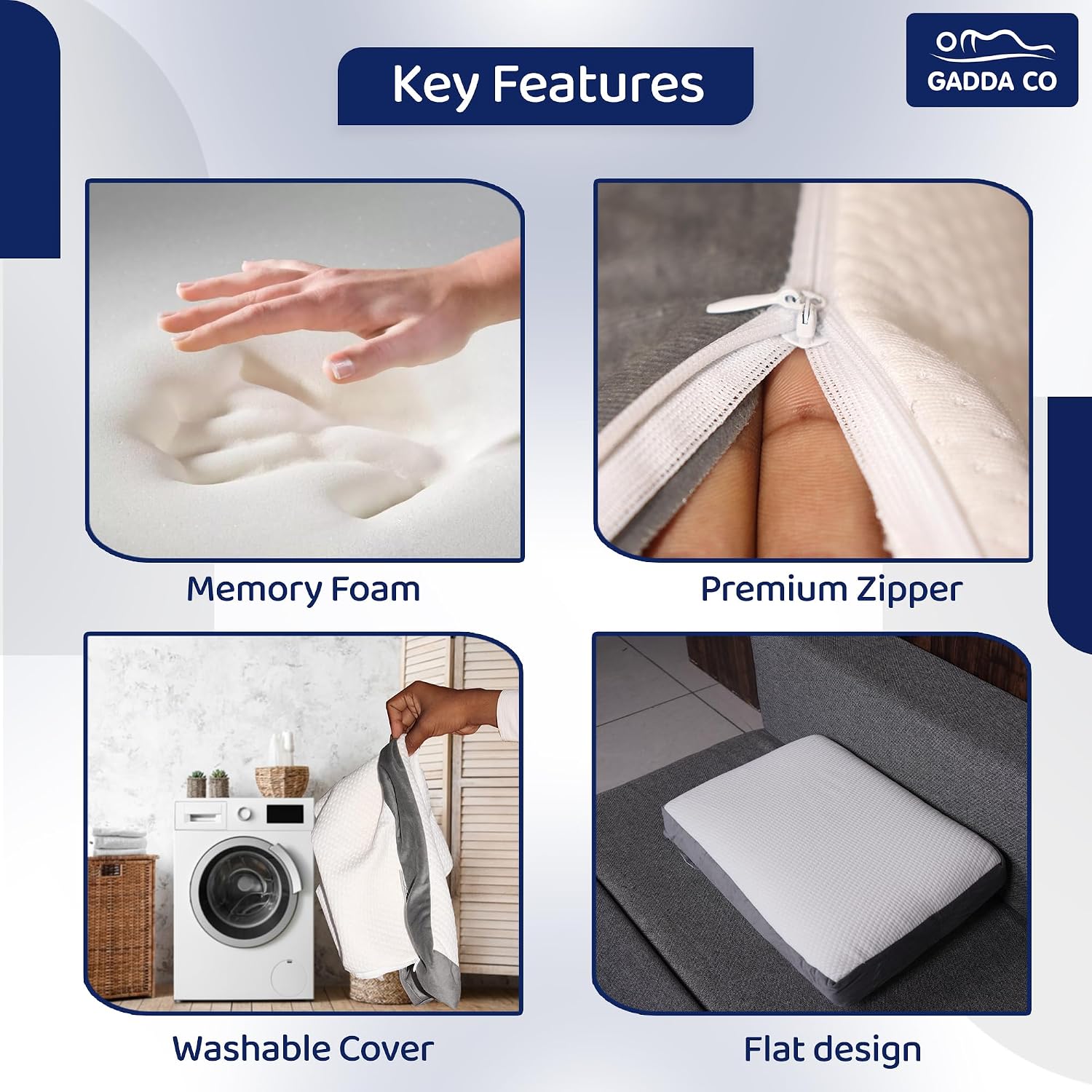 Orthopedic Flat Memory Foam Pillow For Sleeping, White Pillow - 21x15x5 Inch | Neck & Shoulder Pain Relief, Ergonomic Support With Removable Zipper White & Grey Jacquard Cover - 1 Piece