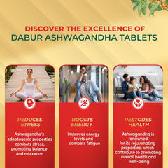 Dabur Ashwagandha General Wellness Tablets, Stress Relief, Rich In Antioxidants, Immunity Booster, Rich In Antioxidants, Rejuvenates Body | 60 Tablets 100gm 0.2lbs