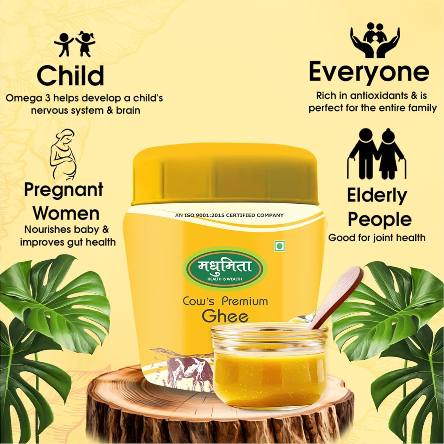 Natural Pure Cow Desi Ghee By Madhumita | Curd-Churned Bilona Method Healthy Nutrients Desi Cow Ghee Good For Roast Makhana | (1 Litre) 33.8 Ounce | Jar Pack