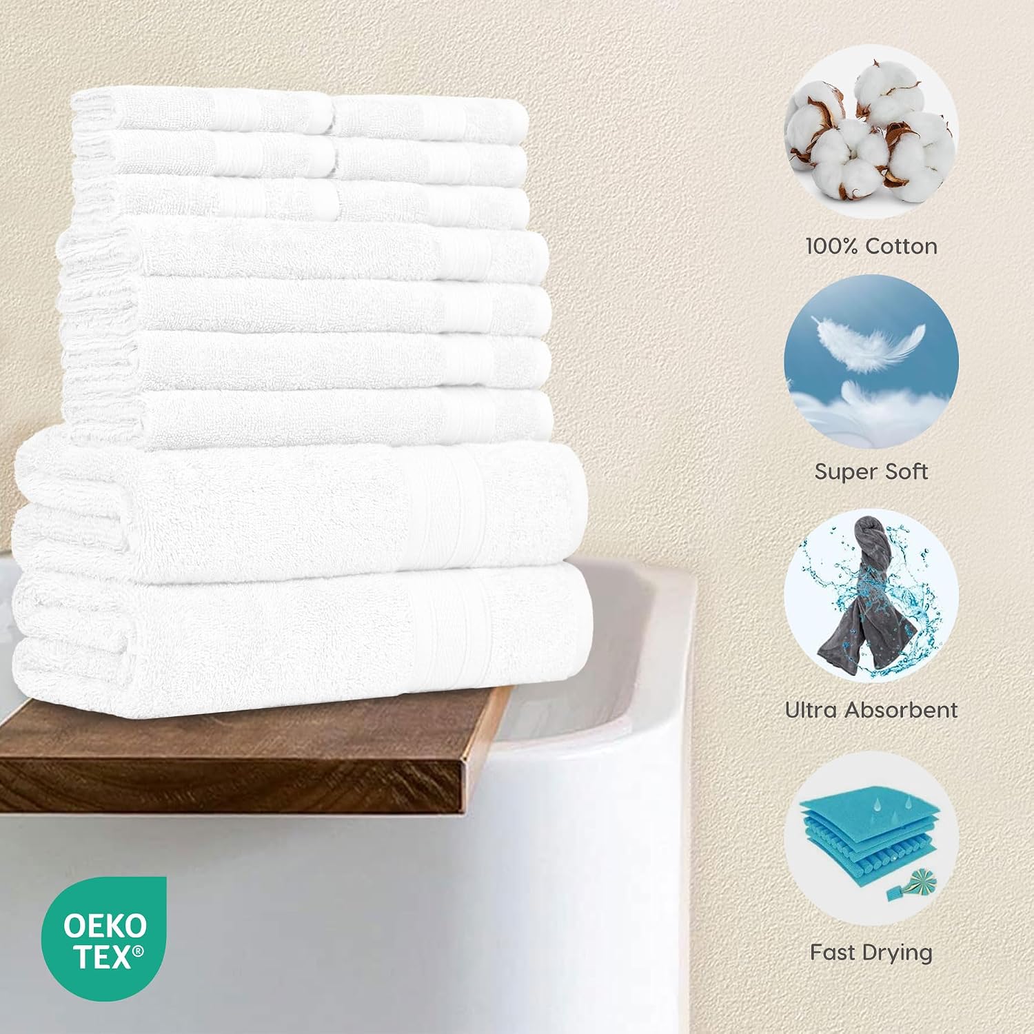 Trident Soft Comfort Air Rich Bath Towels 500 Gsm | 100% Cotton Towel, Super Soft, Highly Absorbent 12 Pieces (White)