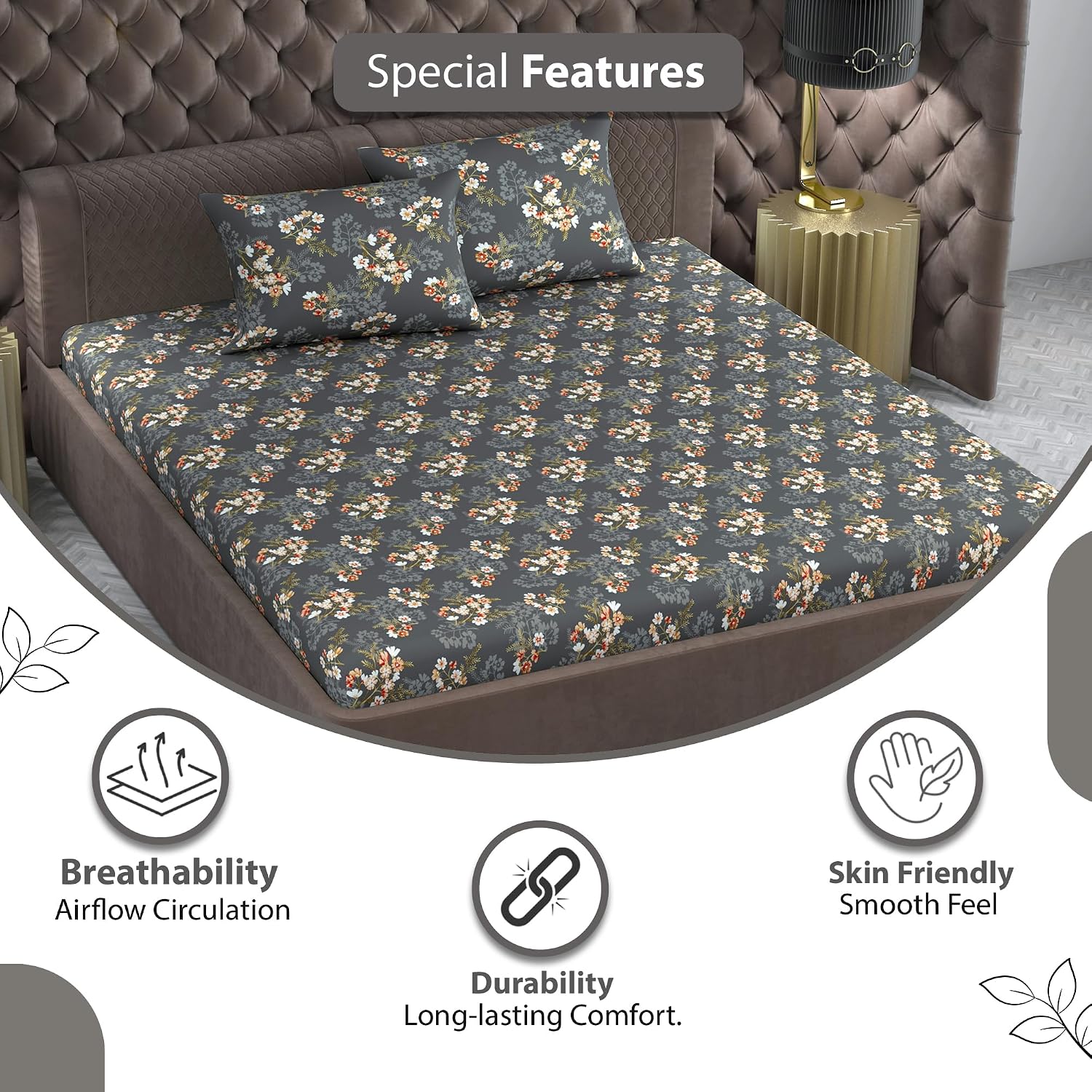 Single Bedsheet With 1 Pillow Cover - 57 X 87 Inches, Dark Grey | Designer Printed Bedsheet Set - Naturally Soft, Breathable & Skin Friendly