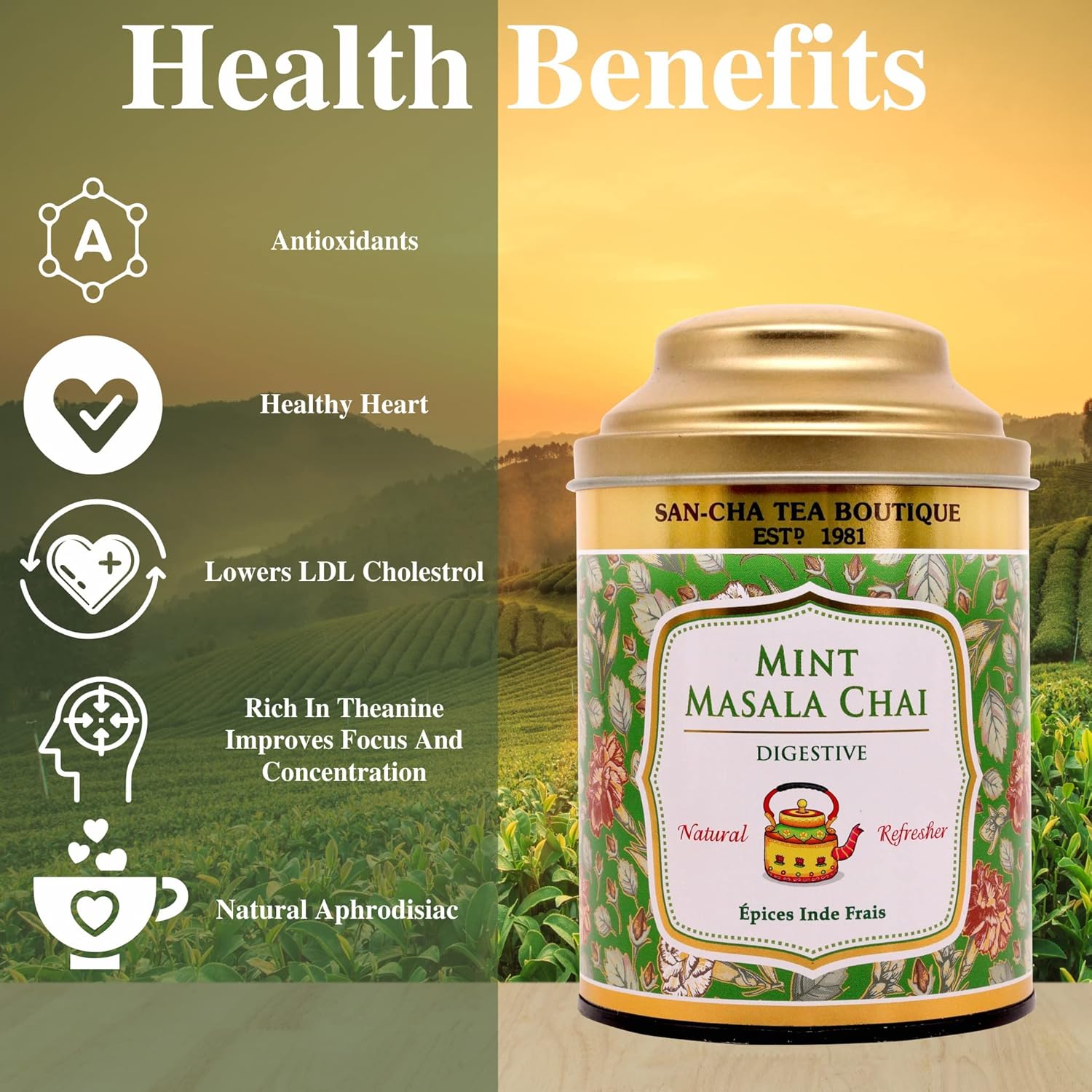 San-Cha Tea Boutique Mint Masala Chai - 100gm, 3.5 Ounce | Ginger & Cardamom Blended Pure Assam Tea - Real Mint Leaves | Spiced Masala Chai Patti - Medium Caffeine