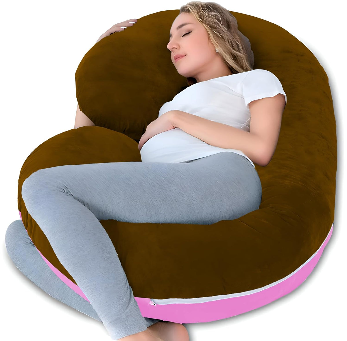 C Shaped Pillow, Pregnancy Pillow For Maternity & Baby Nursing - Pink & Brown | Pregnant Women Stomach, Spine, Neck Support, Velvet Outer Cover With Zip, Breathable, Foldable, Adjustable