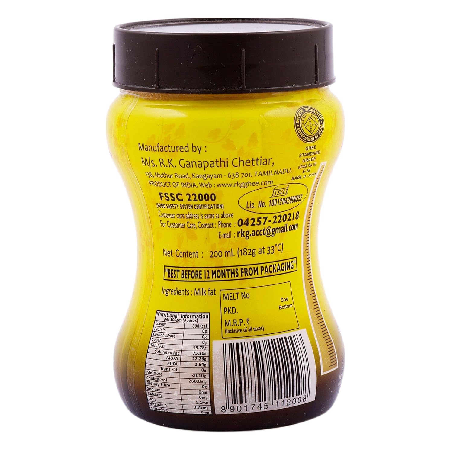 Organic Pure Agmark Ghee By RKG | Nutrient Rich Taste & Aroma Desi Pure Ghee Perfect For Boost Strength | (200ml) 6.7 Ounce | Plastic Bottle