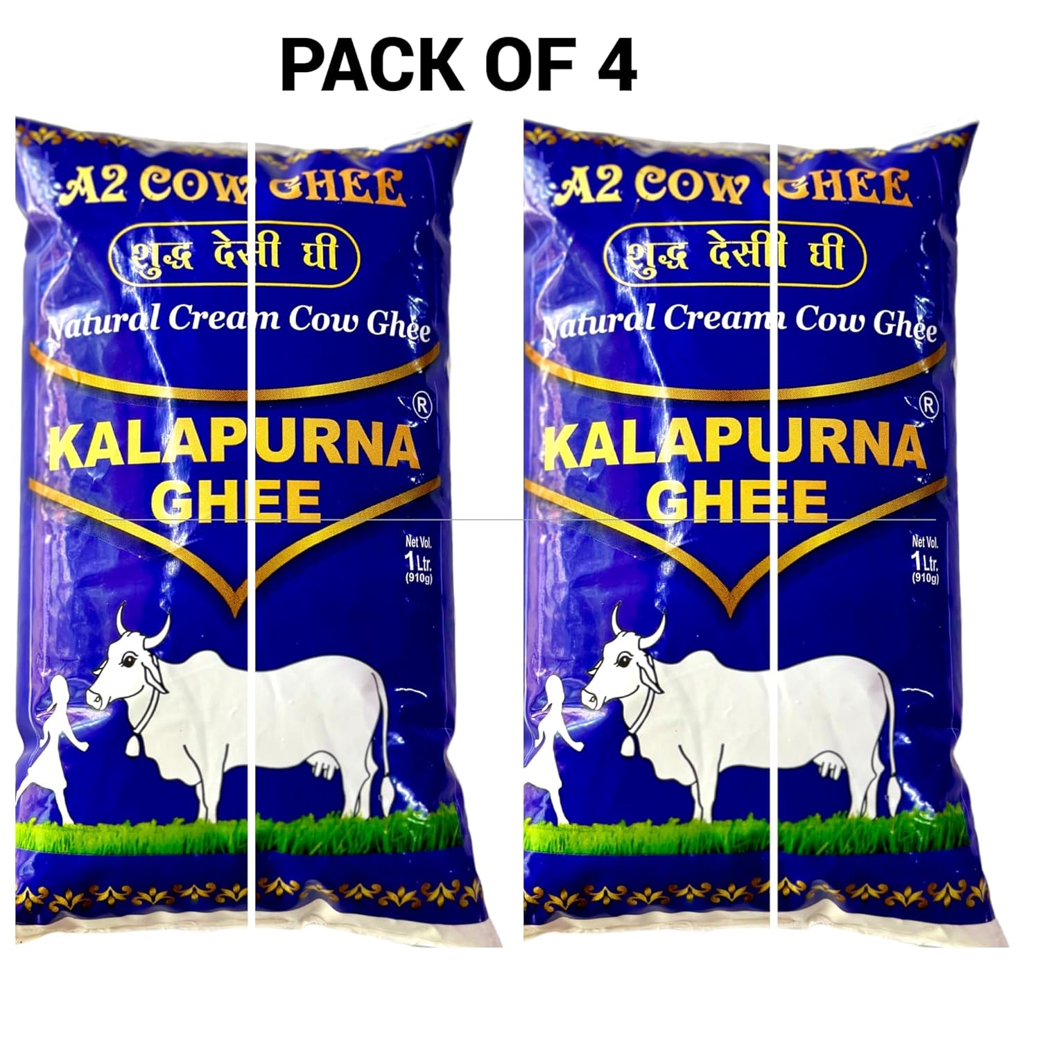 Organic Natural A2 Desi Cow Ghee By Kalapurna Ghee | Delicious & Nutritious Healthy Desi Cow Ghee For Overall Health | 4 Litre (1 Litr * 4) 135.2 Ounce | Pouch Pack