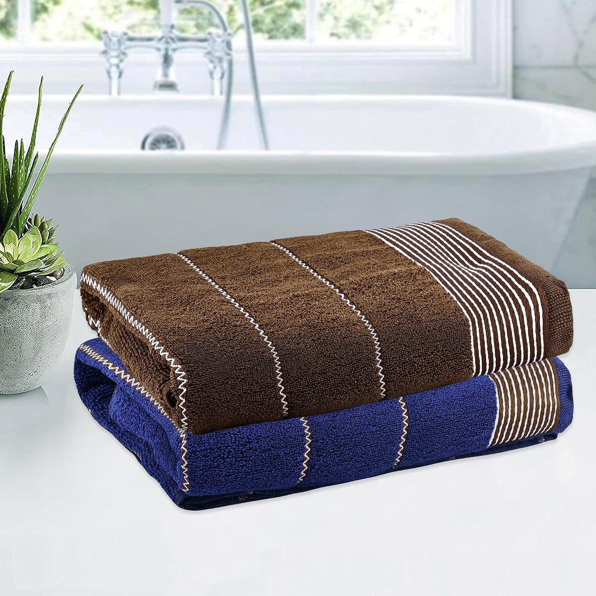 Kuber Industries Soft Cotton Bathing Towel 900 Gsm | Resistant Bath Towels (Dark Blue & Brown) - Pack Of 2