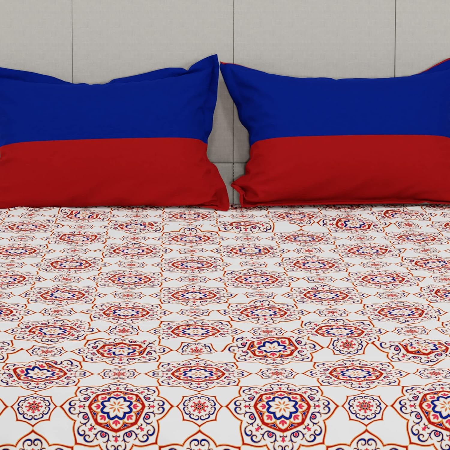 100% Cotton Bedsheet Double Bed For Queen Size With 2 Pillow Covers - 90 X 100 Inches, Red & Blue | Ideal For Daily Use - Perfect For Queen Bed Durable & Wrinkle Free