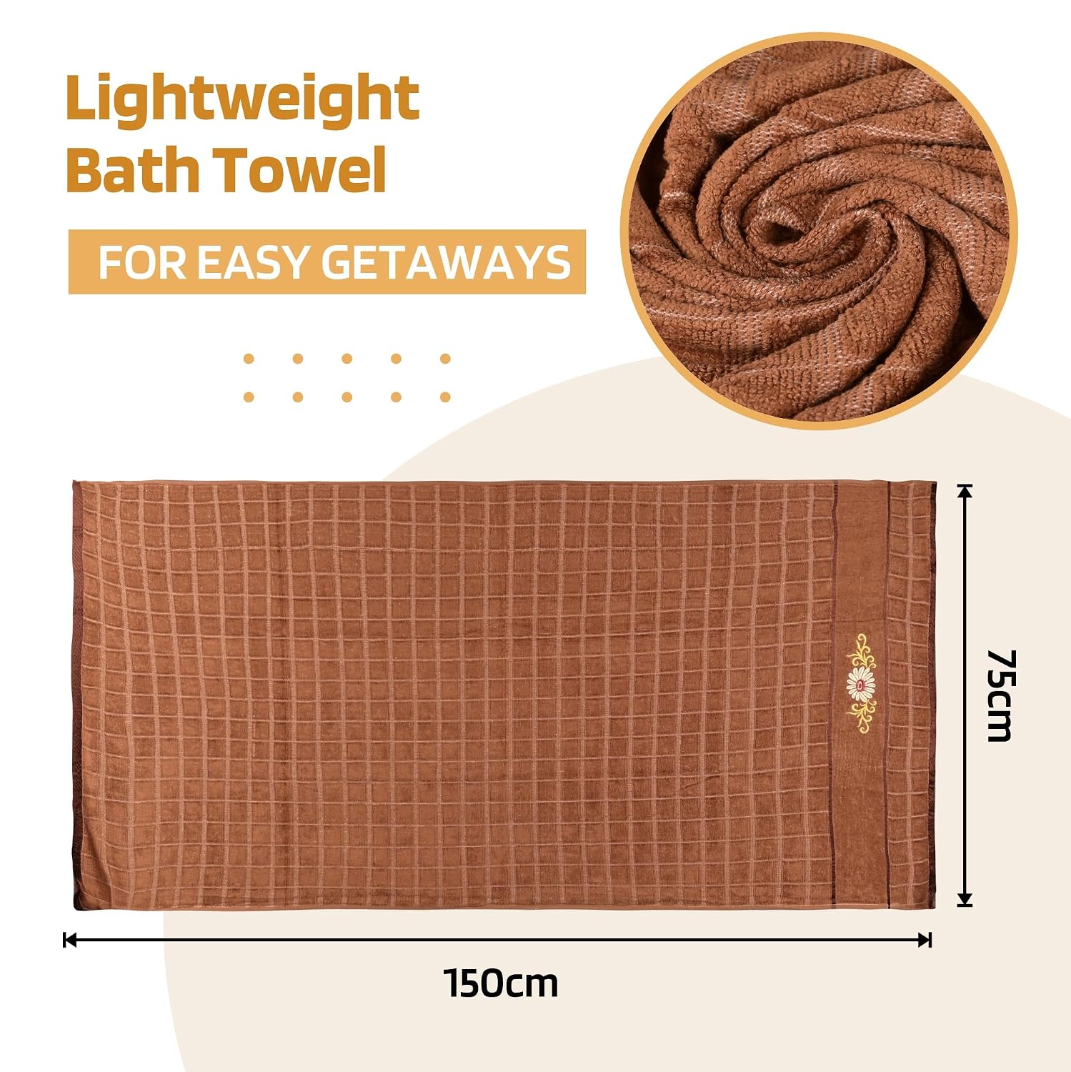 Kuber Industries Rectangle Super Absorbent Bath Towel 1000 Gsm | Soft & Comfortable Swimming & Bathing Towels | Gold Flower (Brown)- Pack Of 2