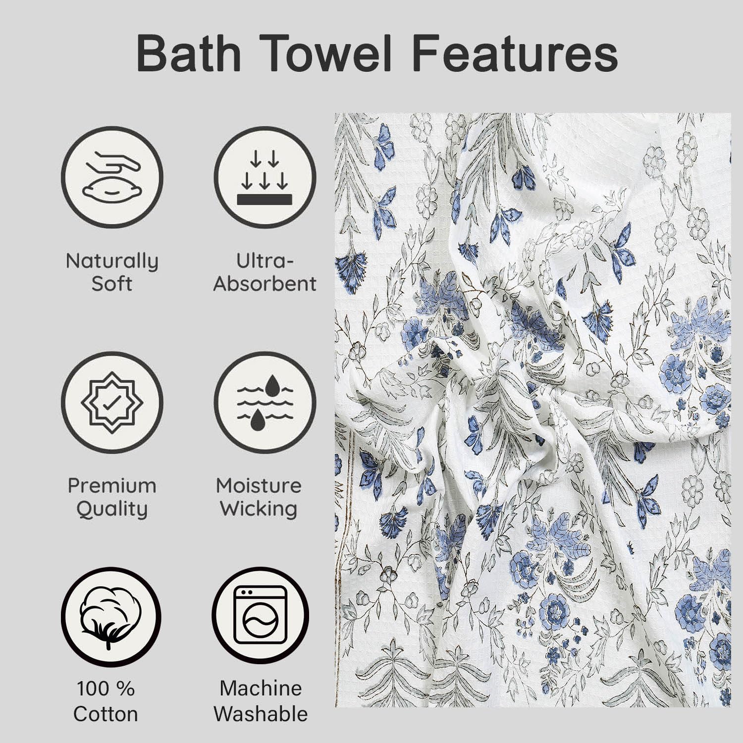 Urbano Homz 100% Cotton Large Size Bath Towel 350 Gsm | For Men & Women, Ethnic Bathing Towel (Blue & Grey)