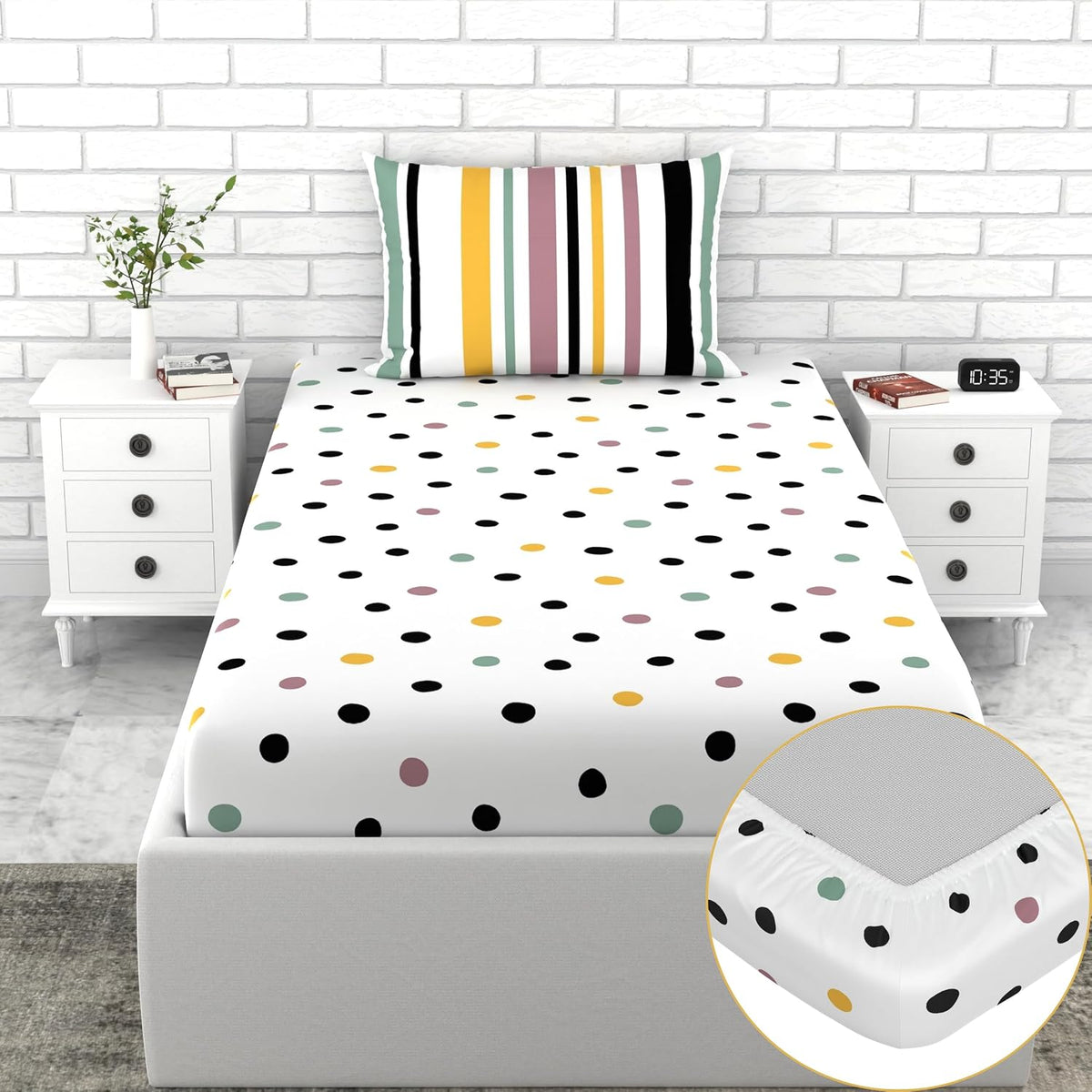 Cotton Elastic Fitted Bedsheet Single Bed With 1 Pillow Cover - 36 X 78 Inches, Multicolor | Perfect For Everyday Use | Ultra-Soft & Breathable