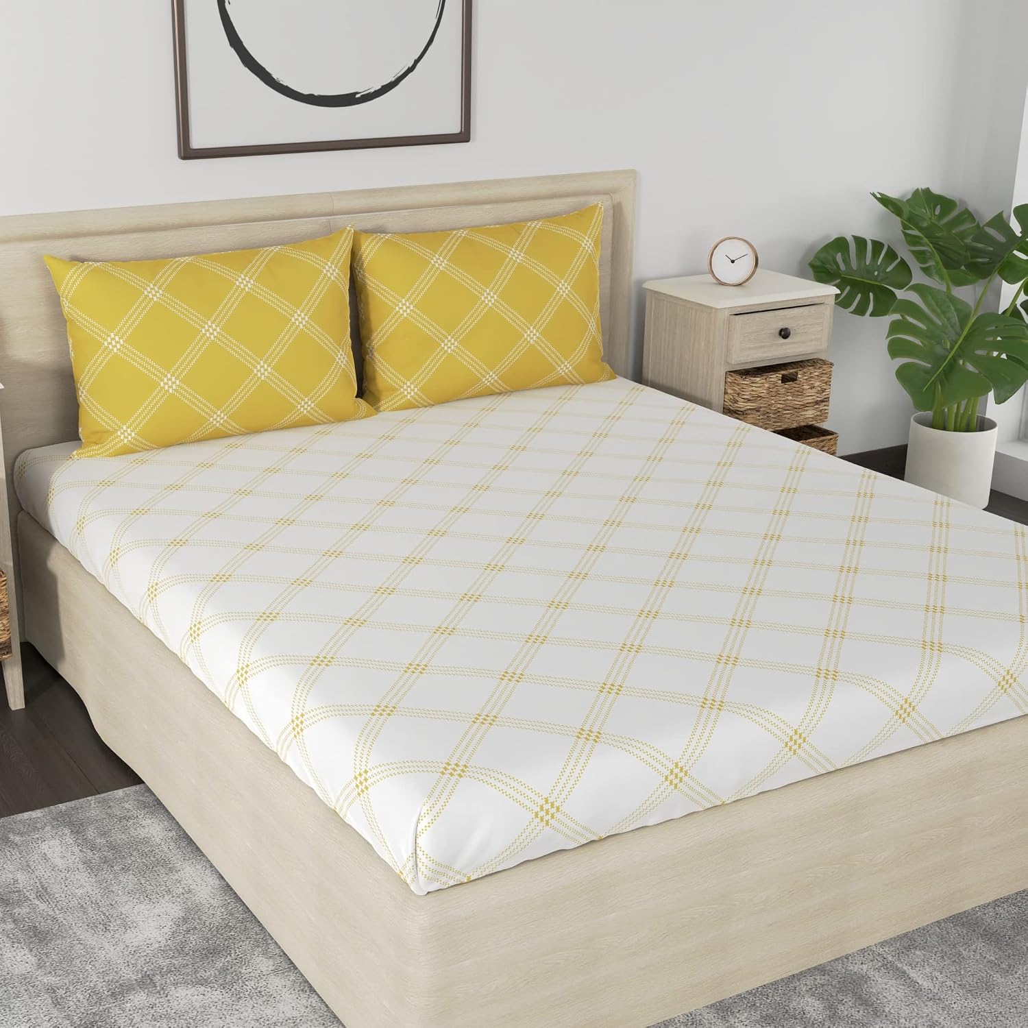 Premium Elastic Bedsheets For King Size Bed Cotton With 2 Pillow Covers | 72 X 78 Inches, White & Yellow | Durable & Gentle On Your Skin
