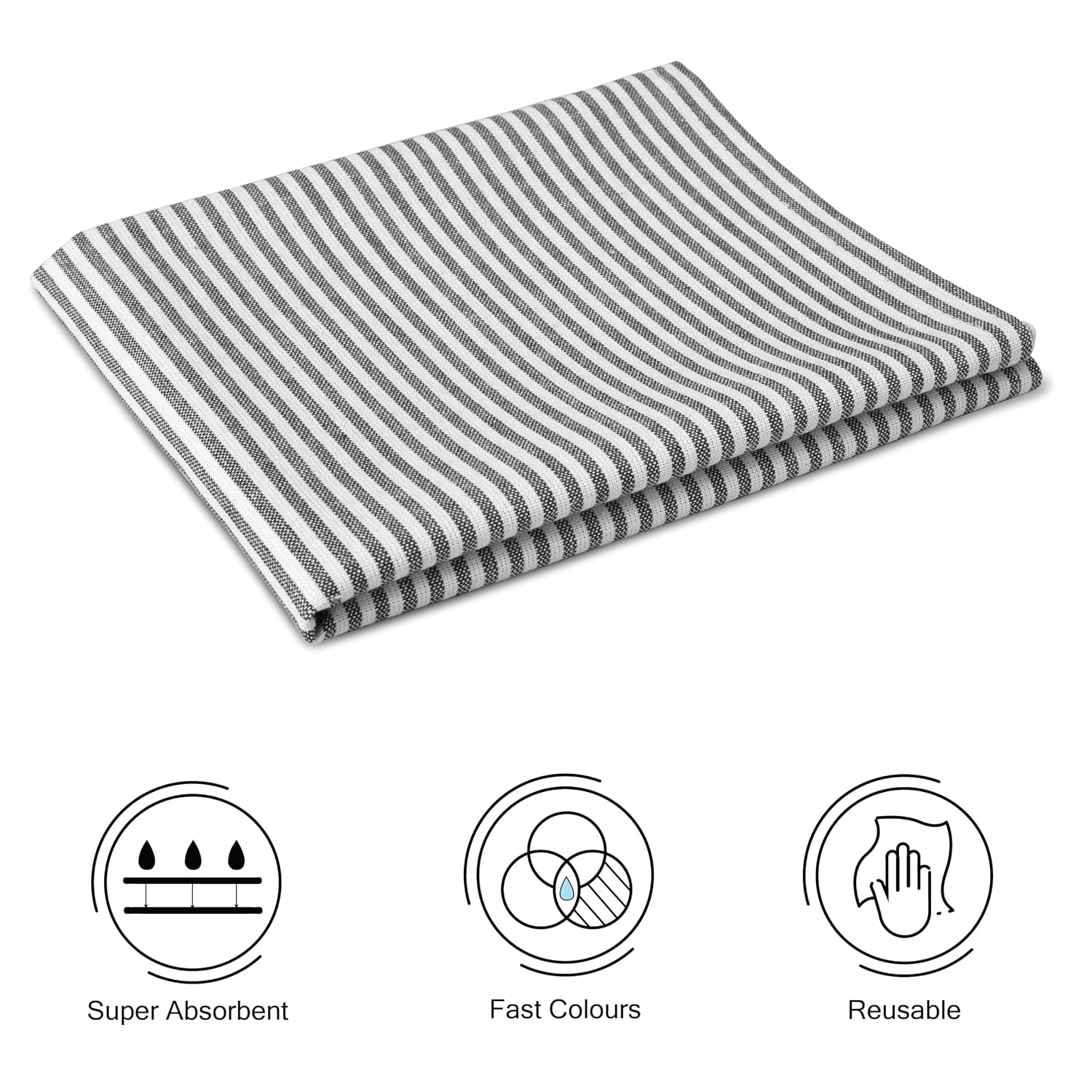 Encasa Xo Kitchen Cooking Cloth 340 Gsm | Cotton Hand Towel For Drying Dishes Highly Absorbent Cleaning & Quick Drying Of Plates | Ticking Black (Set Of 4)